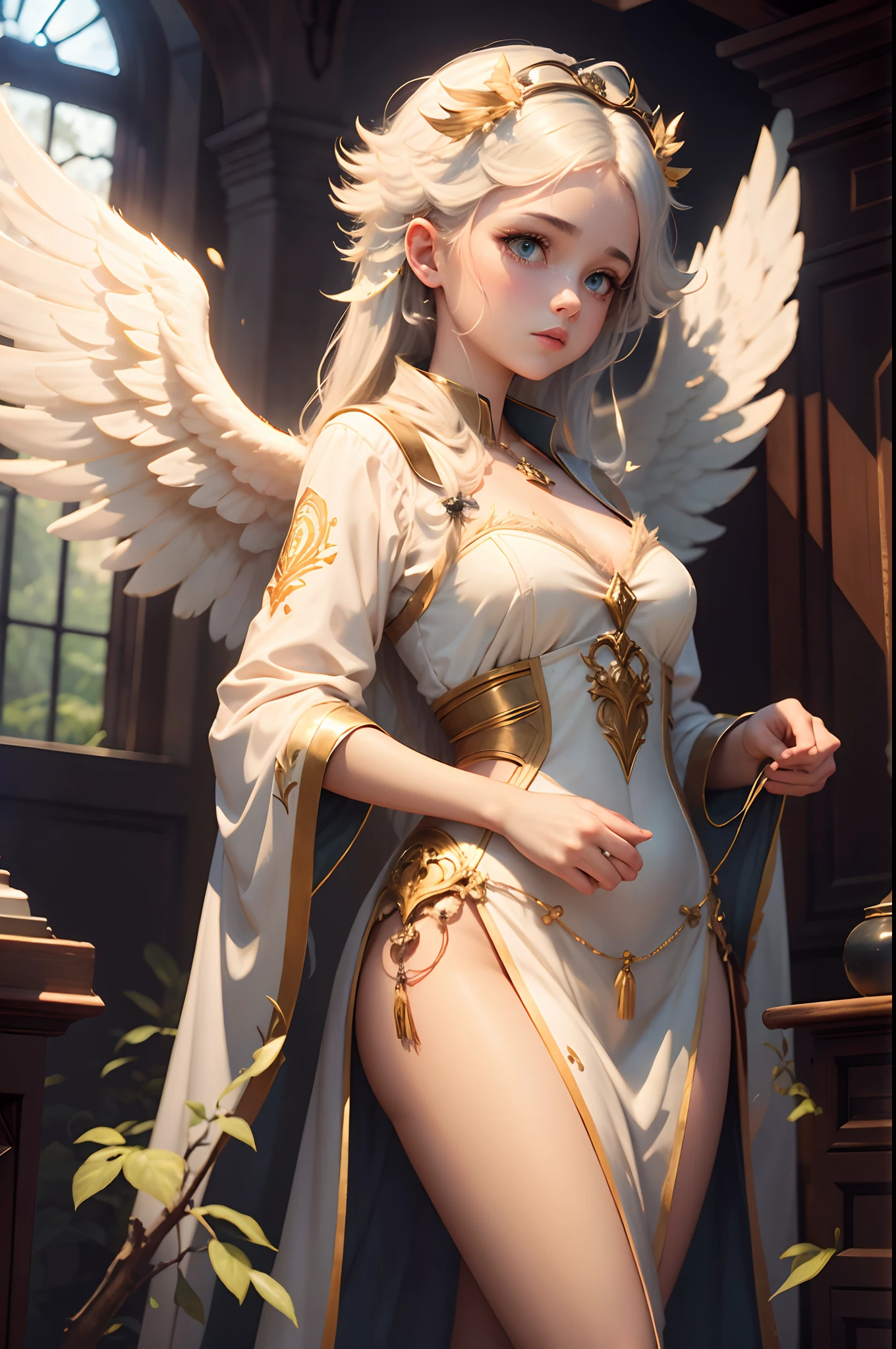 Castle in the distance、The face is front、Looking at the camera、profile、8K、realphoto、超A high resolution, Master Parts, Best Quality, nffsw , cinematic images,Lovely girl、ann、16 only、annグロサクソン、二重まぶた、drooing eyes、Very big eyes、Eyes purple、Dark eye shadow、The lips are very thin、The tip of the nose stretches beautifully....................、small nostrils,,,,, ighly detailed , Silver hair、Straight short hair、ssmile、 Sweet look 、a very beautiful woman、legs are long、 Very clear shadows , jewely , A sexy , A detailed eye, very intricate, shiny skins , パーフェクトブリリannト, Perfect Lighting, Dramatic shadows、White tiara on head、Gold necklace around the neck、White aristocratic dress with gold embroidery、Glass High Heels、Angel White Wings