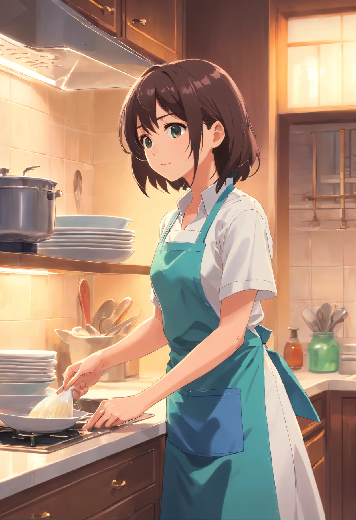 (Best quality,A high resolution,Masterpiece:1.2),(cinematic Film still from),(1girll),(A bust up close),(Wear aprons and plain clothes),(Washing dishes),There is foam on the hands,(Soft warm lighting),(Inside the kitchen:1.0),(tap),