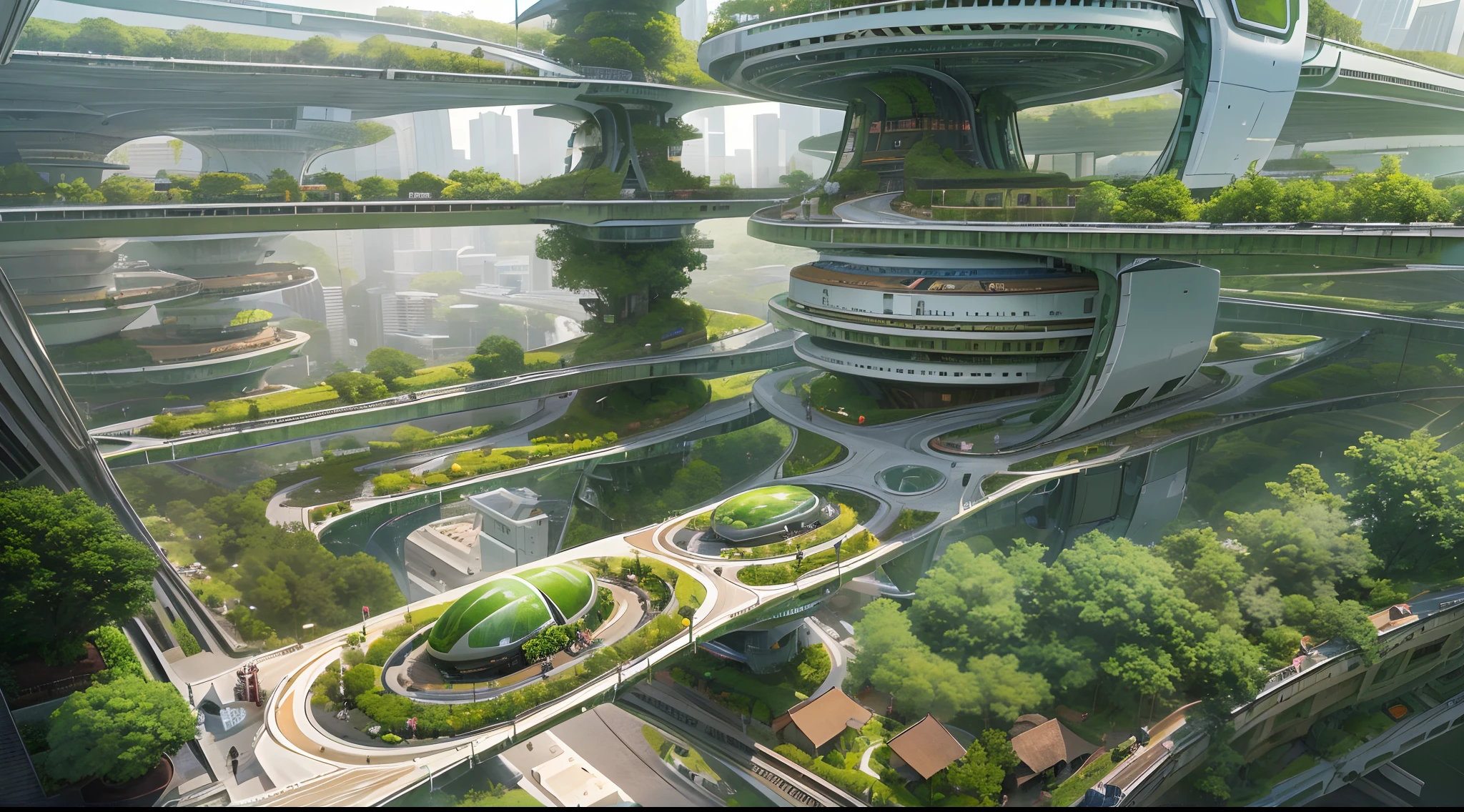 (Best quality,4K,8K,A high resolution,Masterpiece:1.2),Ultra-detailed,(Realistic,Photorealistic,photo-realistic:1.37),Wide-angle lens, Futuristic city, Smart Forest City, Smart cityscape,Mayan heritage, The interaction of nature and the divine world, An organic fusion of nature and urban elements, Streets of the future, Modern age city, planties, The vegetation is intertwined with the urban landscape, Harmonious synthesis, Futuristic architecture, Advanced technology, Lush greenery, futuristic skyscrapers, Vibrant colors, Nature-inspired design, Intelligent infrastructure, sustainable development, clean energy, Advanced transportation system, Floating garden, High-tech architecture, Connected ecosystem, Urban biodiversity, High-tech urban planning, Intelligent lighting system, Lively atmosphere, Futuristic mode of transportation (flying cars, Maglev train), aerial walkways, Transparent dome, Innovative urban agriculture, Vertical garden, holographic displays, Augmented reality integration, futuristic fashion, High-tech gadgets, Multicultural influence, Bustling city life