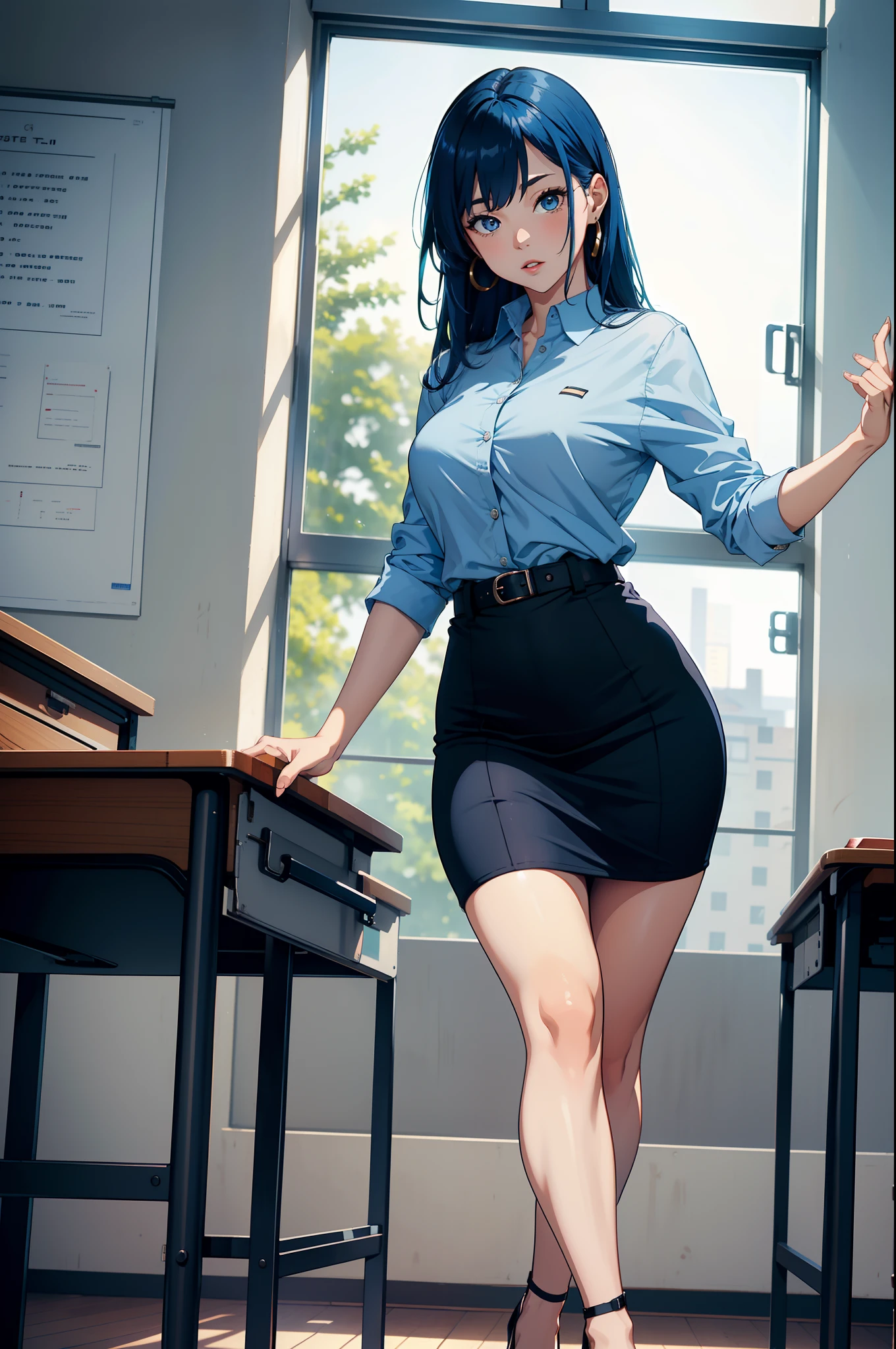 (best quality, 8k, high-res, masterpiece:1.2), seductive, mature woman, attractive female teacher, shirt, tight skirt, high heels, blue hair, high school classroom, podium, lecturing