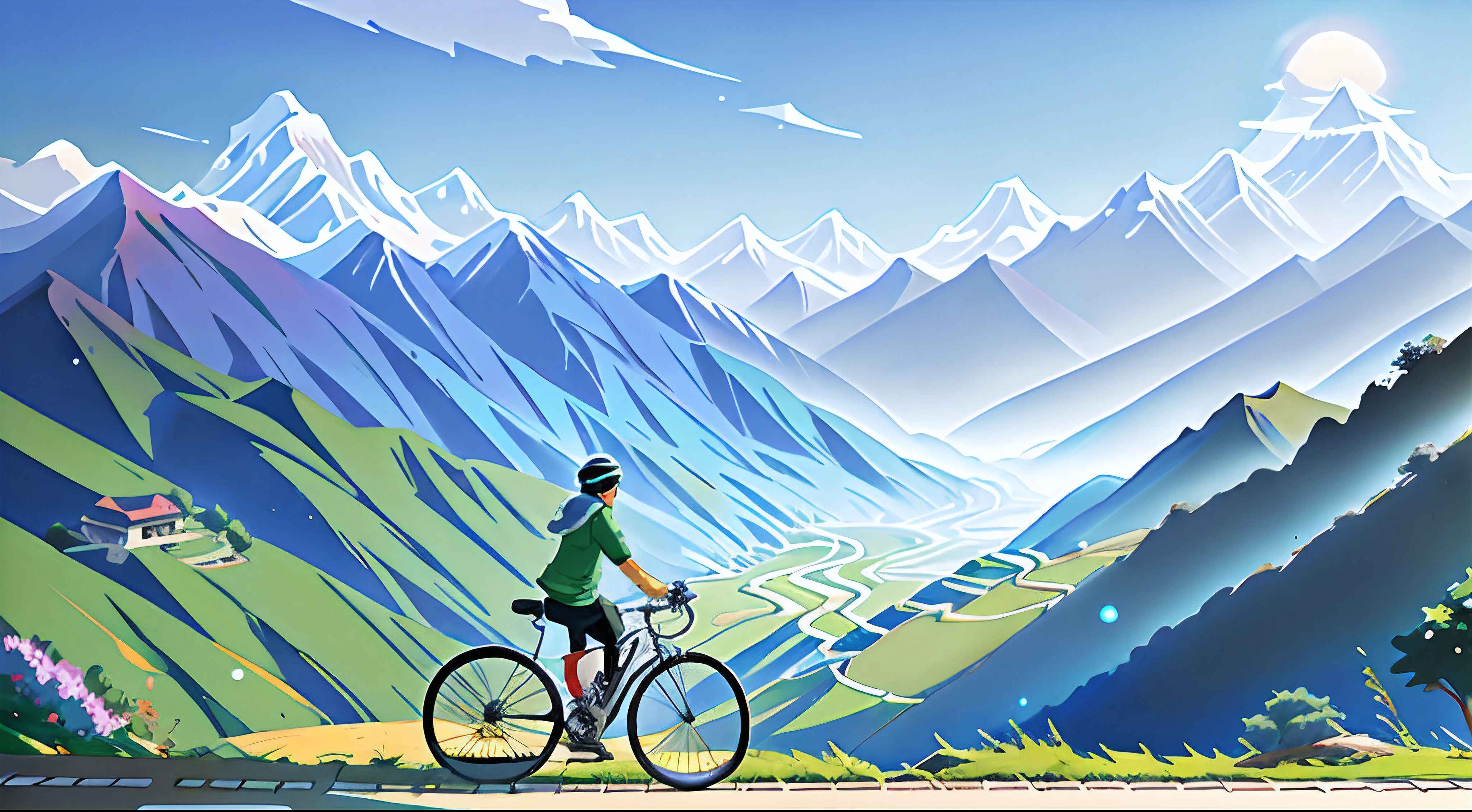(bike: 1.5), (realistic bike: 1.5), (realistic cyclist: 1.5), back cyclist in the foreground, Himalayas of nepal , on the wall of nepal, lofi landscape, sun, shadows, contrast, makoto shinkai (Best quality: 1.3), (Highres:1) Art by Studio Ghibli Style, Impressionism, Solitude