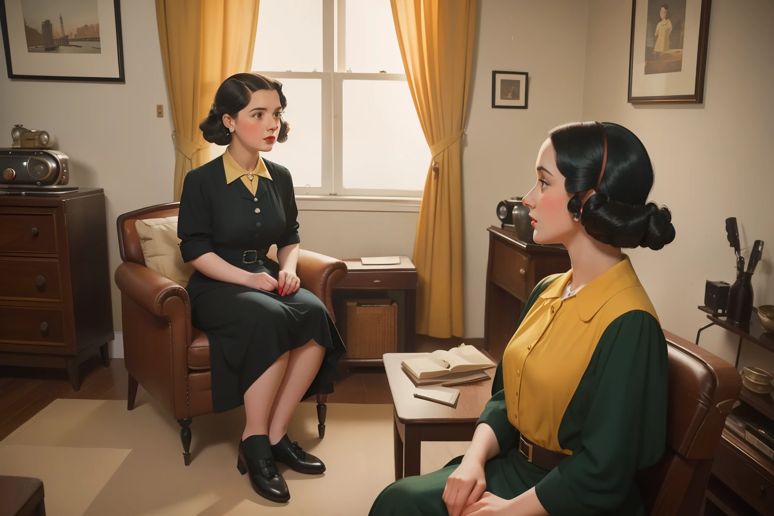 Year: 1946. Location: New York. ((wide view)), pre-raphaelite young woman with black hair, arguing with her old grandmother in a tiny apartment, ((1940s colorful modern clothes)) knee-lrngth dress, ((1940s hairstyle)) ((in the style of "OMITB")) ((cinematic style))