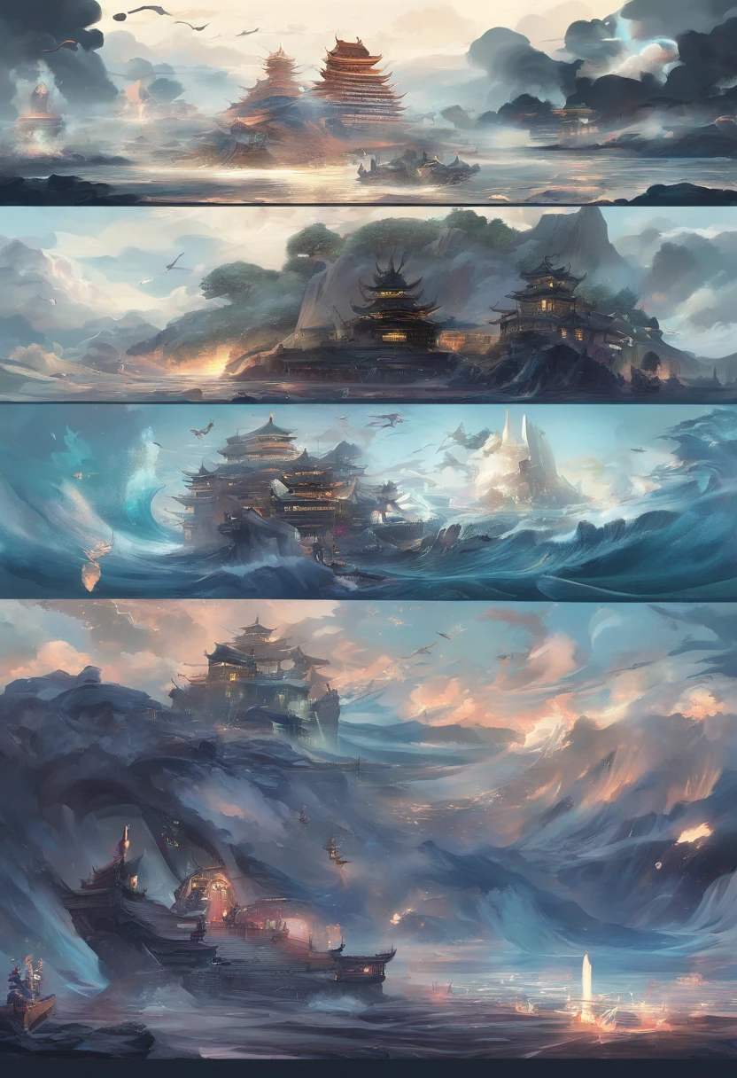 China-style,Chinese mythology,Dragon turtle,faucet,Angular,Turtle body,Giant tortoiseshell shell,(Heavy tortoiseshell shell:1.4),The tail of the snake grows out,has horns on its head,tosen,Ferocious,gargantuan,The eyes glow blue light,the sea,Huge waves,surrounded by cloud,中景 the scene is,Full body like, highly detailed surreal vfx,oc rendered, - AR 16:9 --q 2 --s 1000