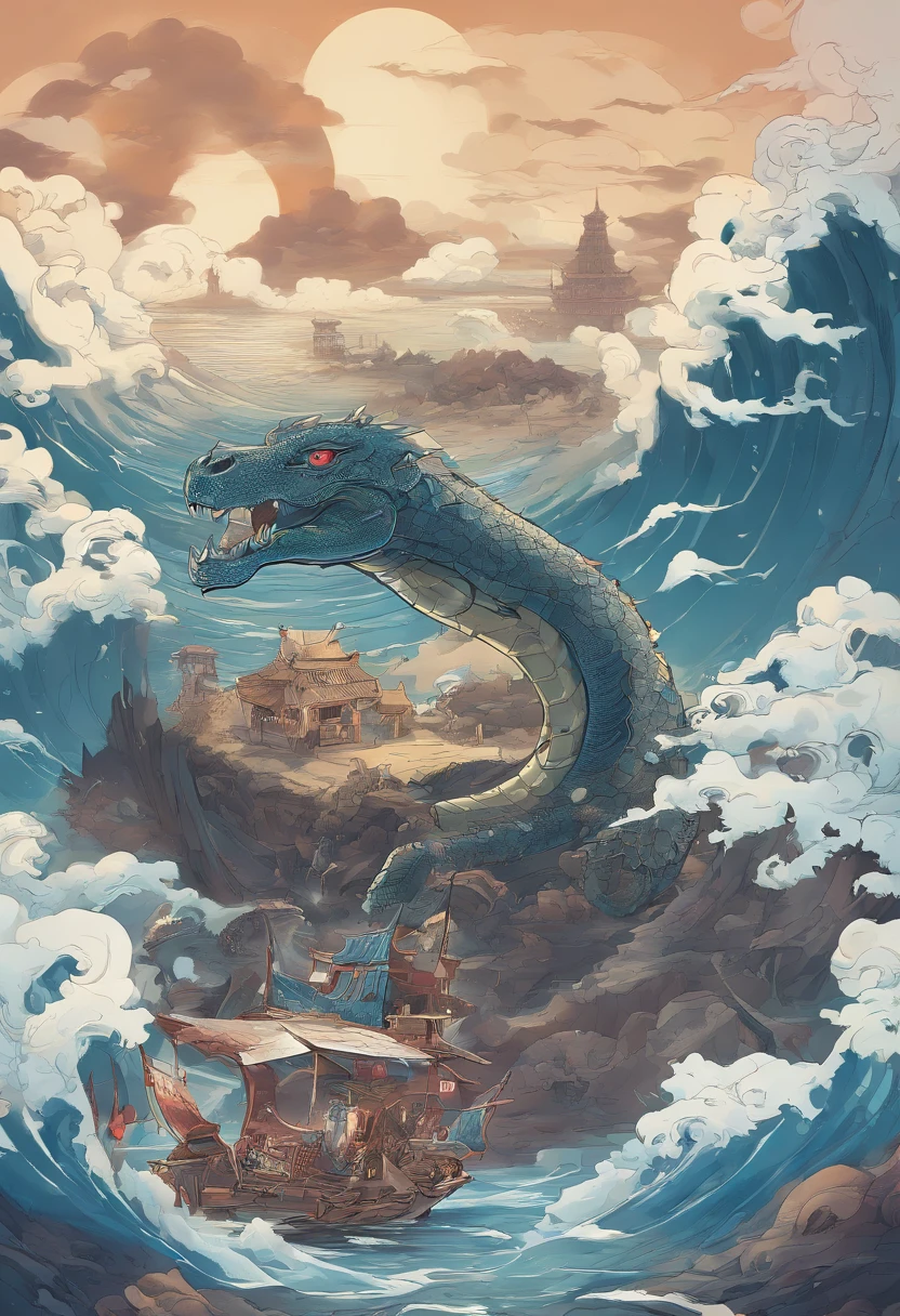 China-style,Chinese mythology,Dragon turtle,faucet,Angular,Turtle body,Giant tortoiseshell shell,(Heavy tortoiseshell shell:1.4),The tail of the snake grows out,has horns on its head,tosen,Ferocious,gargantuan,The eyes glow blue light,the sea,Huge waves,surrounded by cloud,中景 the scene is,Full body like, highly detailed surreal vfx,oc rendered, - AR 16:9 --q 2 --s 1000