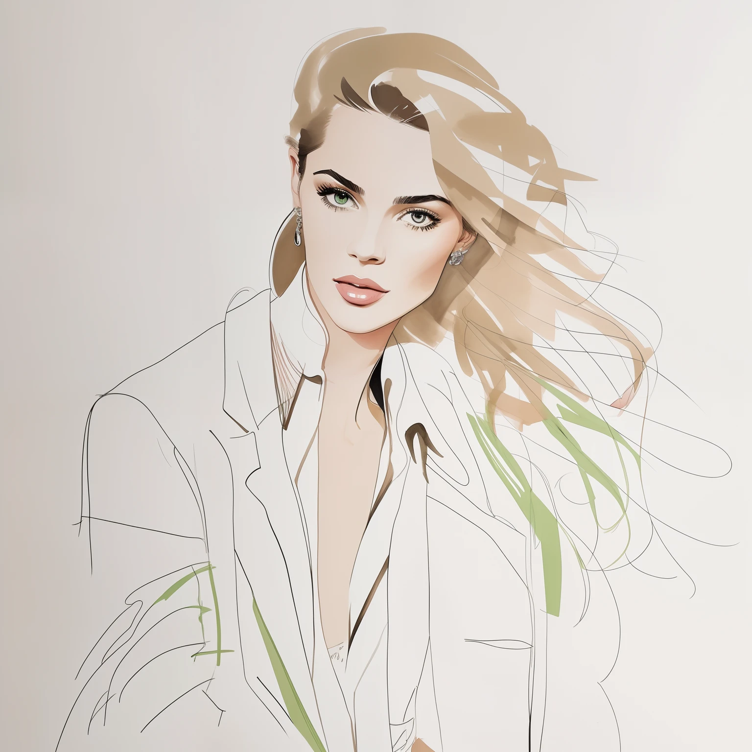 David downton fashion illustration, mustafa soydan drawing, line art sketch on a white background, beautiful woman face portrait, slim figure, jacket, natural color, rose color, gentle green, beige