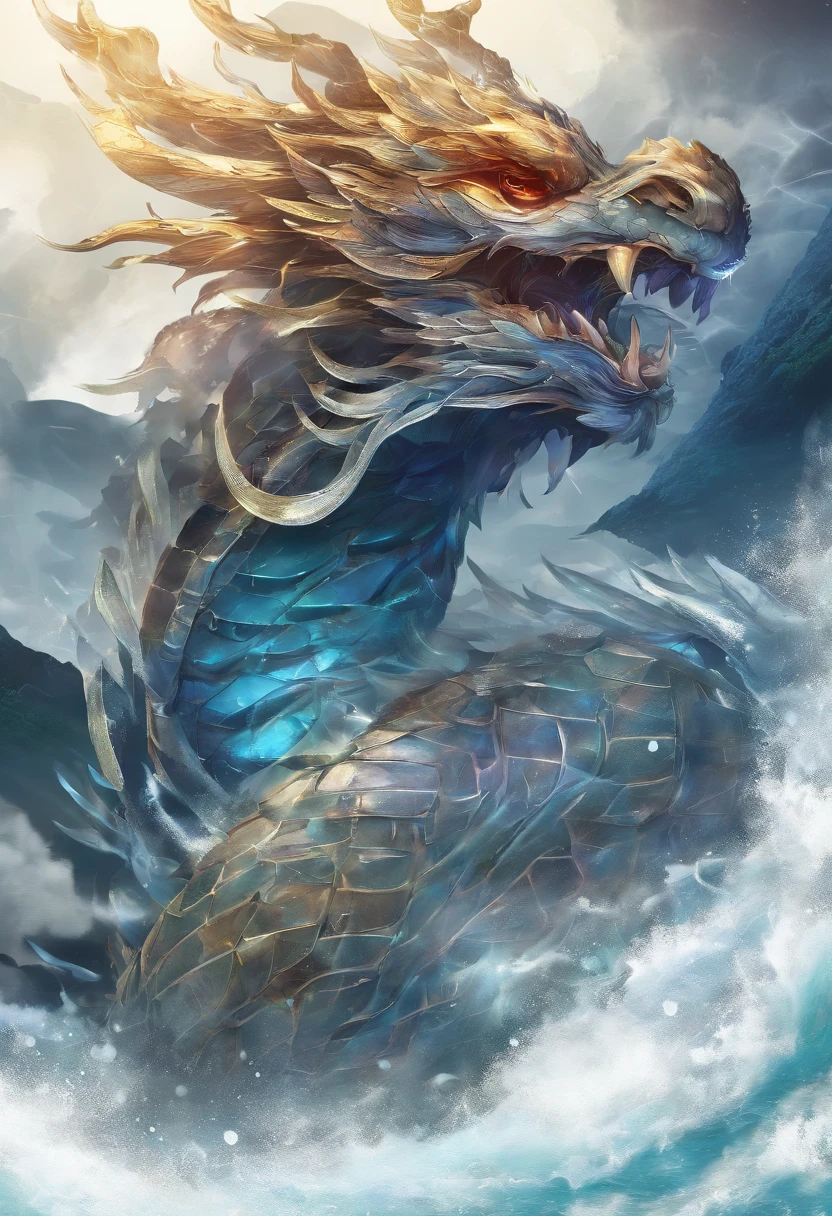 China-style，Chinese mythology，Dragon turtle，Longhorn faucet，Turtle body，Heavy tortoiseshell shell，The tail of the snake grows out，has horns on its head，tosen，Ferocious，gargantuan，The eyes glow blue light，the sea，Huge waves，surrounded by cloud，中景 the scene is，Full body like， highly detailed surreal vfx，oc rendered， - AR 16:9 --q 2 --s 1000