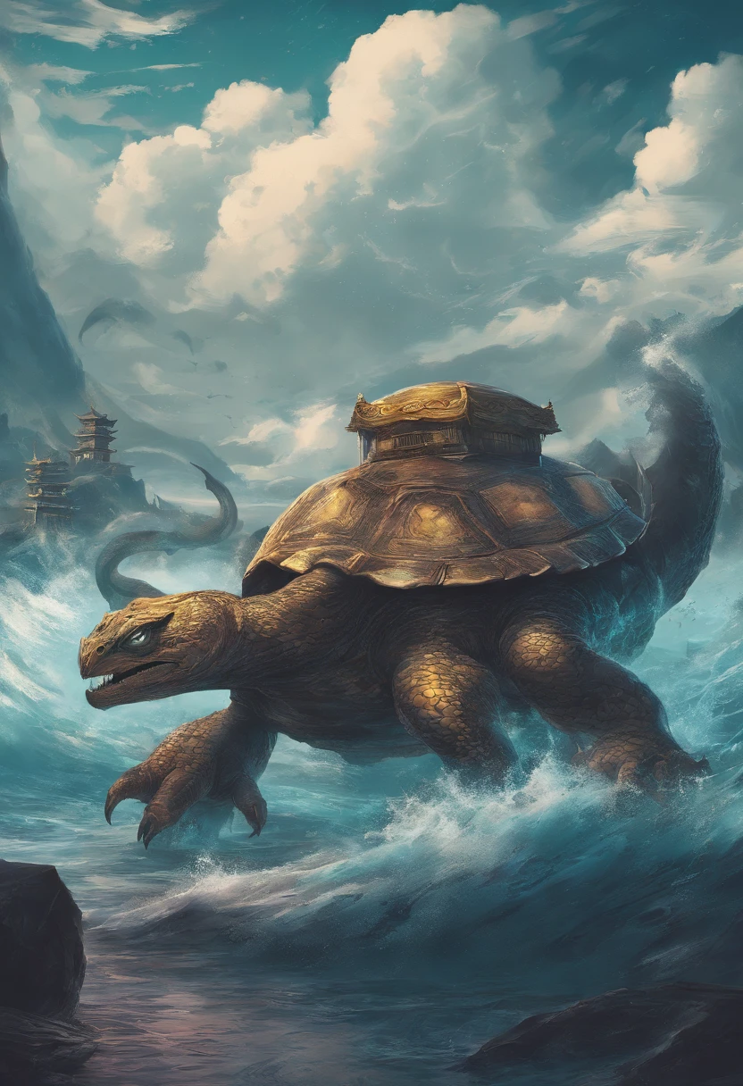 China-style，Chinese mythology，Dragon turtle，faucet，Angular，Turtle body，Giant tortoiseshell shell，（Heavy tortoiseshell shell：1.4），The tail of the snake grows out，has horns on its head，tosen，Ferocious，gargantuan，The eyes glow blue light，the sea，Huge waves，surrounded by cloud，中景 the scene is，Full body like， highly detailed surreal vfx，oc rendered， - AR 16:9 --q 2 --s 1000