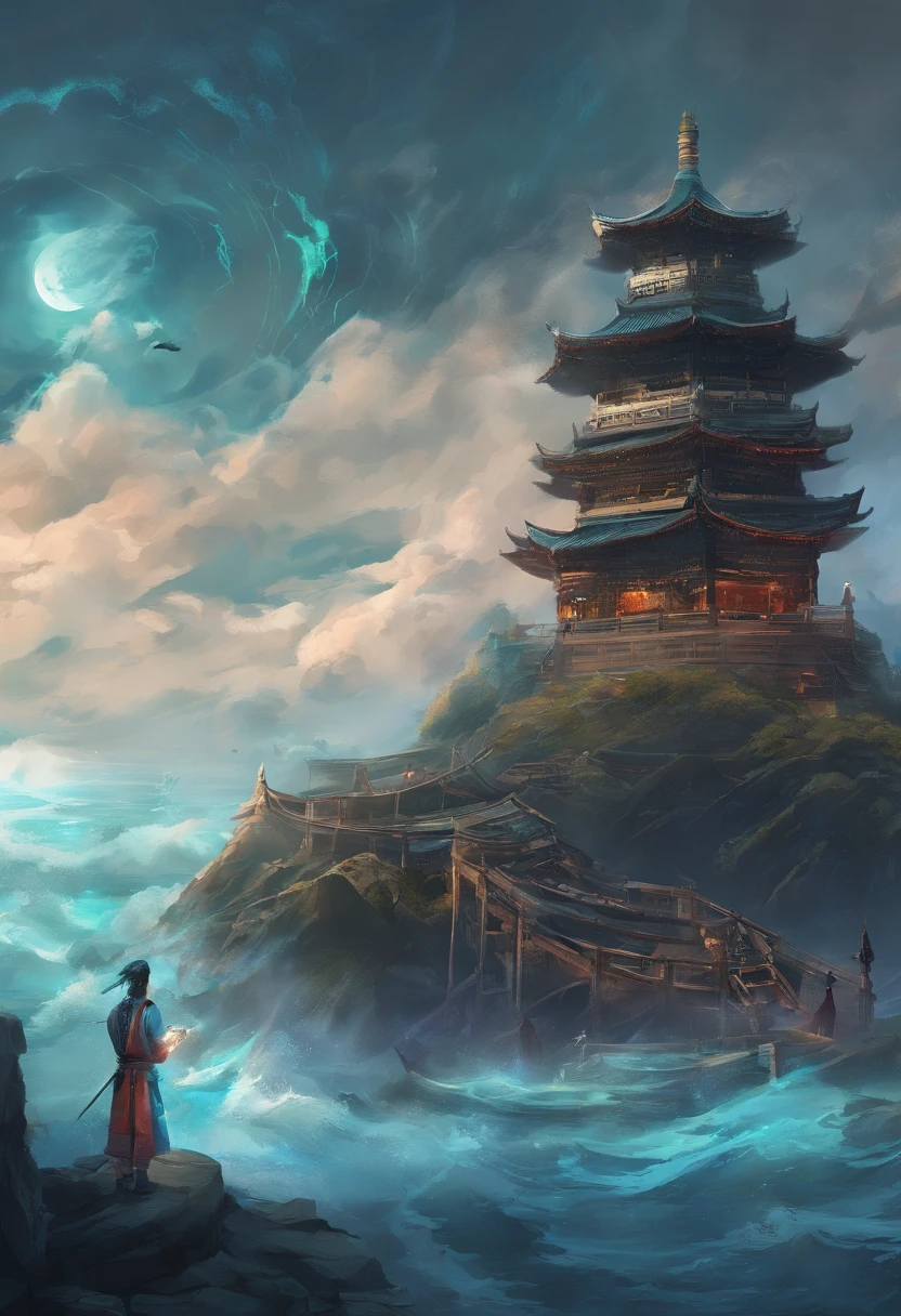 China-style,Chinese mythology,Dragon turtle,faucet,Angular,Turtle body,Giant tortoiseshell shell,(Heavy tortoiseshell shell:1.4),The tail of the snake grows out,has horns on its head,tosen,Ferocious,gargantuan,The eyes glow blue light,the sea,Huge waves,surrounded by cloud,中景 the scene is,Full body like, highly detailed surreal vfx,oc rendered, - AR 16:9 --q 2 --s 1000
