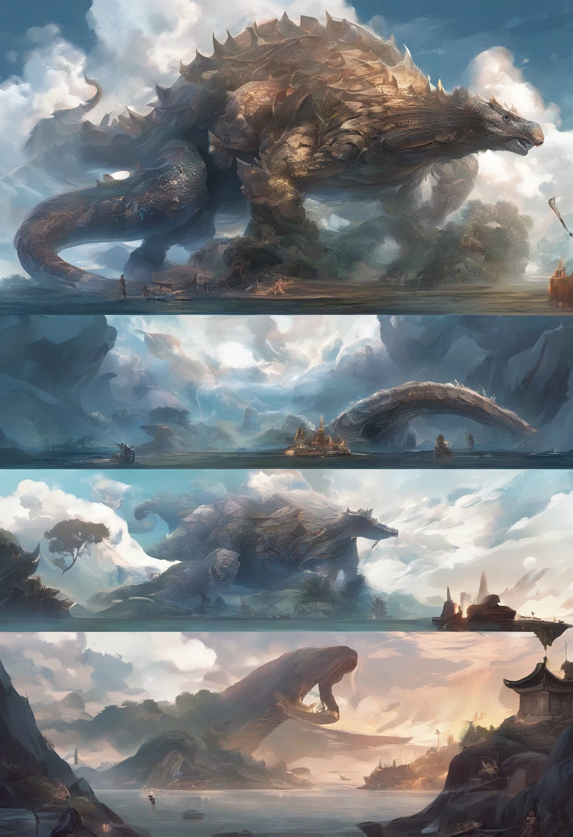 China-style，Chinese mythology，Dragon turtle，faucet，Angular，Turtle body，Giant tortoiseshell shell，（Heavy tortoiseshell shell：1.4），The tail of the snake grows out，has horns on its head，tosen，Ferocious，gargantuan，The eyes glow blue light，the sea，Huge waves，surrounded by cloud，中景 the scene is，Full body like， highly detailed surreal vfx，oc rendered， - AR 16:9 --q 2 --s 1000