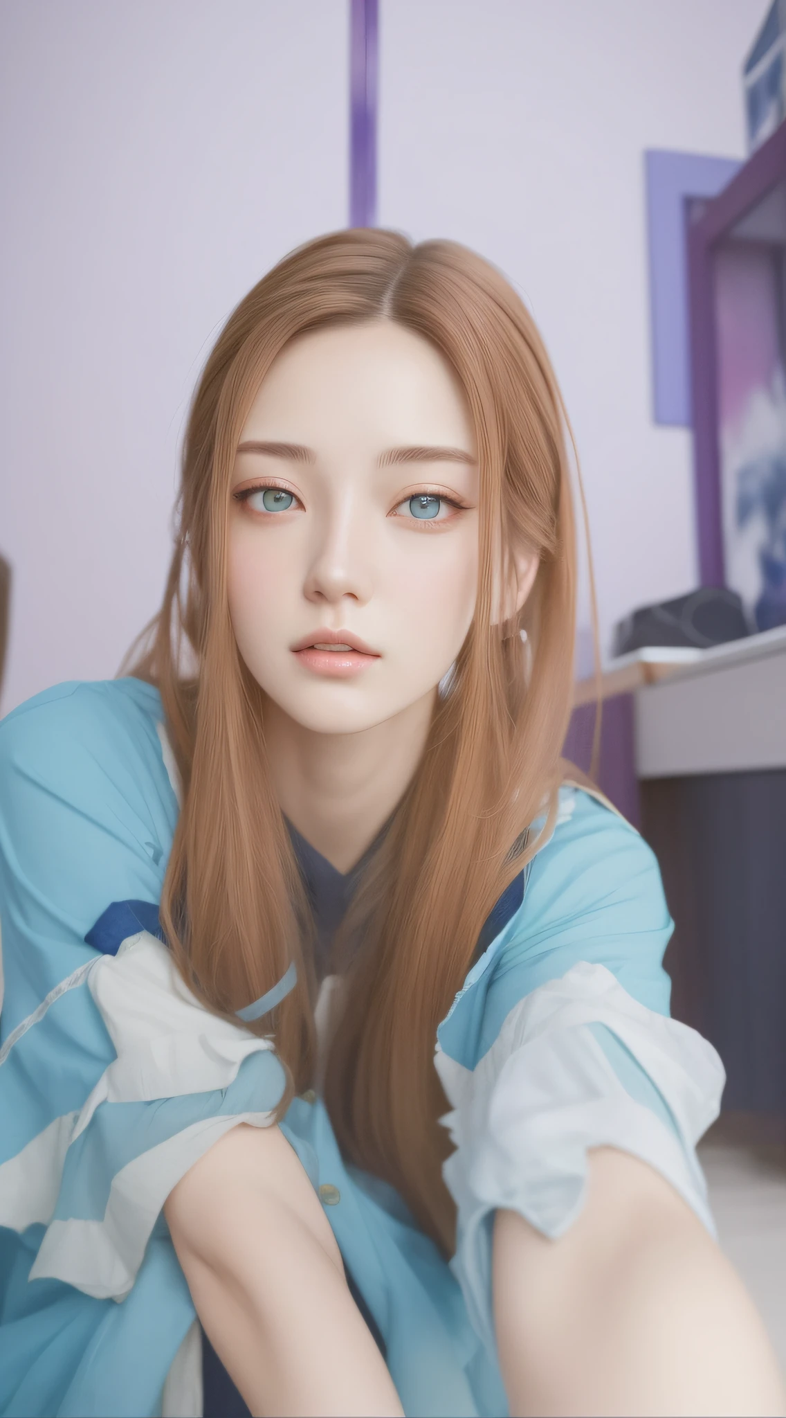 there is a woman with long hair and a blue shirt, kawaii realistic portrait, realism artstyle, realistic artstyle, high quality portrait, in the art style of bowater, artwork in the style of guweiz, photorealistic!!!!!!! art style, inspired by Yanjun Cheng, 🤤 girl portrait, realistic. cheng yi, sakimichan