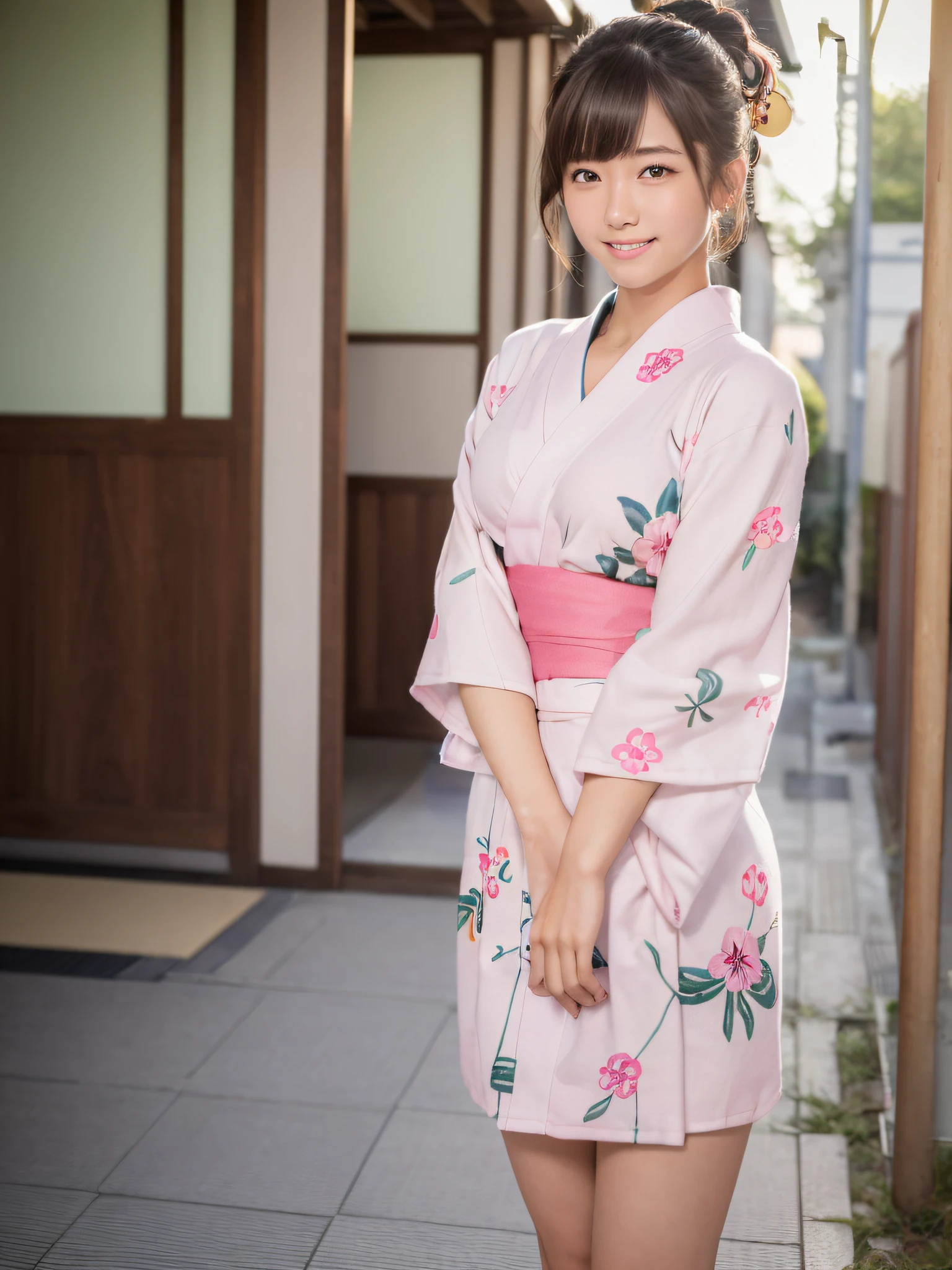 Pink yukata、stone pavement、(​masterpiece:2.0), (top-quality:2.0),