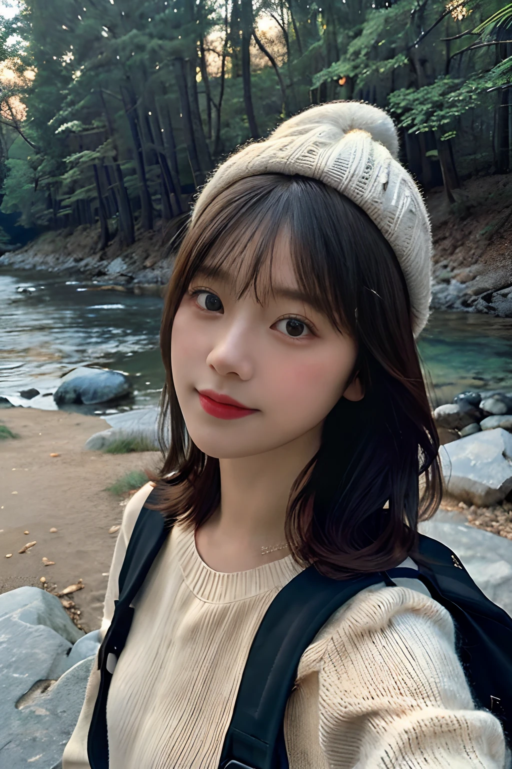 1 woman((upper body selfie, happy)), masterpiece, best quality, ultra-detailed, solo, outdoors, (night), mountains, nature, (stars, moon) cheerful, happy, backpack, sleeping bag, camping stove, water bottle, mountain boots, gloves, sweater, hat, flashlight, forest, rocks, river, wood, smoke, shadows, contrast, clear sky, analog style (look at viewer:1.2) (skin texture) (film grain:1.3), (warm hue, warm tone) :1.2), close up, cinematic light, sidelighting, ultra high res, best shadow, RAW, upper body, wearing pullover, Graceful figure, Coquettish, Random captivating moves, Facing the camera, Imaginative, First love、Japan Person Model、Young Sensual Gravure Idol、Young cute gravure idol、Realistic Young Gravure Idol、Realistic sensual gravure idol、Young gravure idols、sophisticated gravure idol、奈良美智、Young skinny gravure idol、beautifull asian girl ever、Pretty women、(dark brown hair)、hyperdetailed face、A detailed eye、二重まぶた、blured background、(4K、RAW Photos、top-quality、masters:1.2)、(reallistic、Photorealsitic:1.37)、
