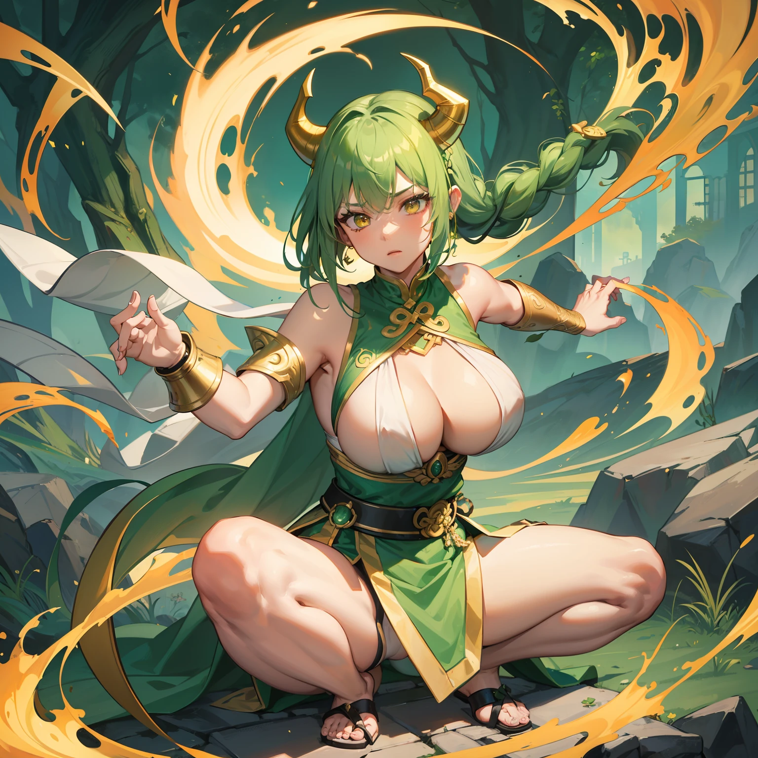 martial artist - Shaolin Monk // Dragon Jade Girl // golden eyes with slit irises // short green hair with braids // big BOOBS // naked legs // green mini dress with white lingerie // alone woman // golden short horns