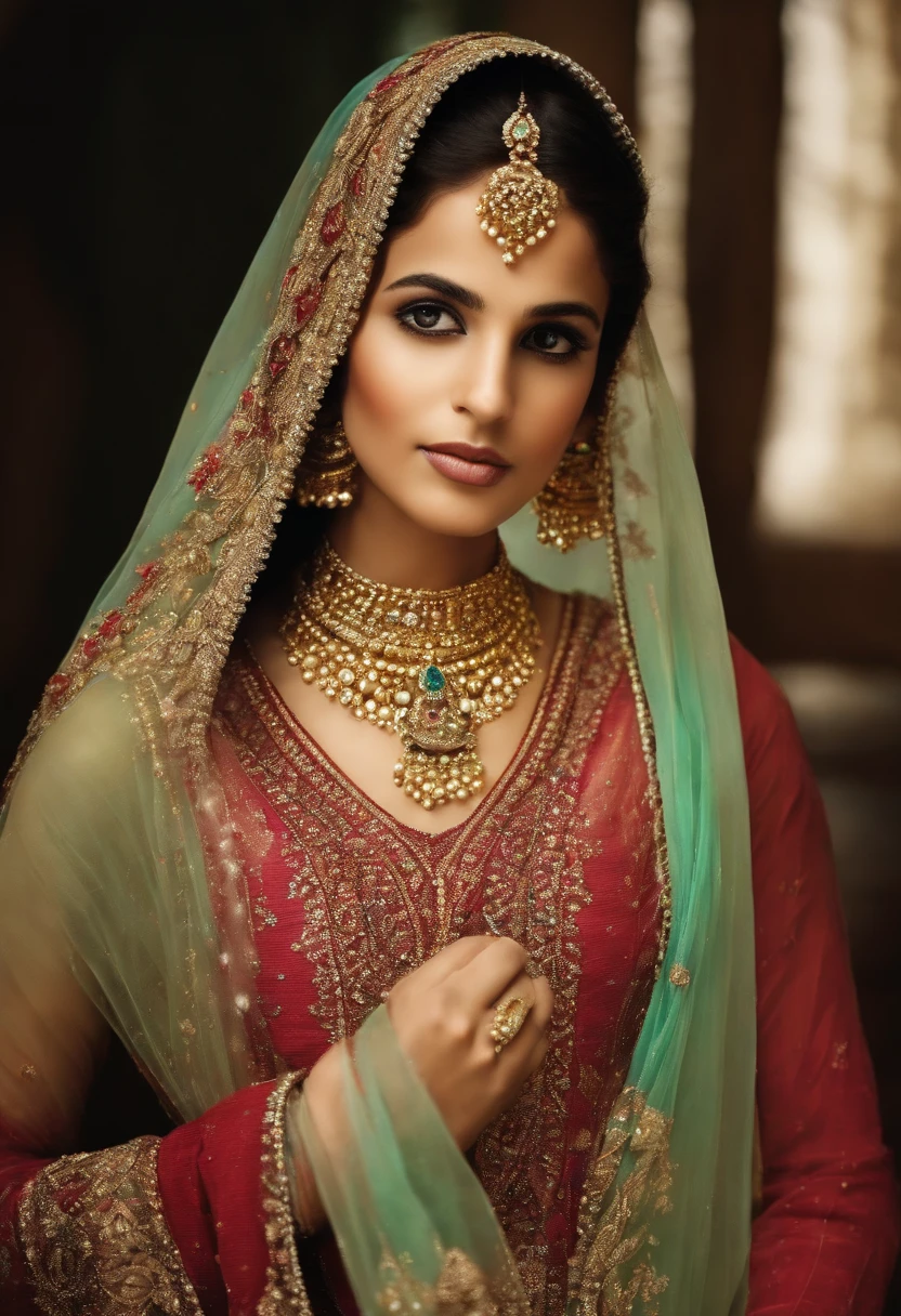Create a captivating image featuring a young Pakistani girl in traditional attire, her eyes filled with curiosity and wonder, as if she is peering into the depths of your soul. The dress she wears should be modest and cover all her body parts. Capture the essence of her gaze, drawing viewers into her world