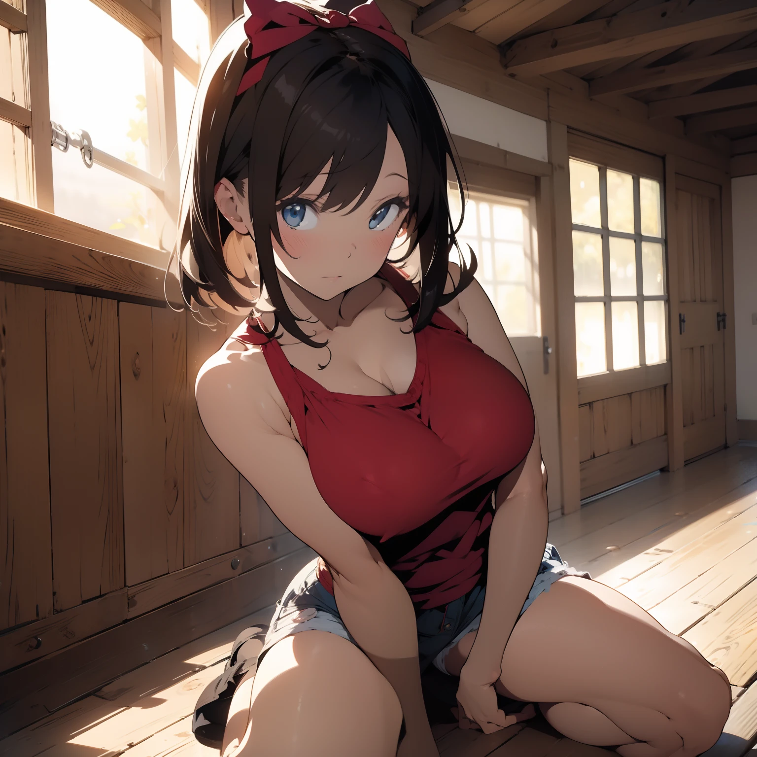 (masterpiece, best quality), full-body shot , 1girl, indoors, big breast, H-cup, good breast, beautiful, gorgeous ,large breast, cleveage, expressive eyes, perfect face, hands on breasts, hands pushing breasts together, masturbation from below, Grab your own breasts, May_pokemon
short brown hair, red bow, tank-top, shorts, sitting on floor, 
underboob, white panties,detailed eyes,