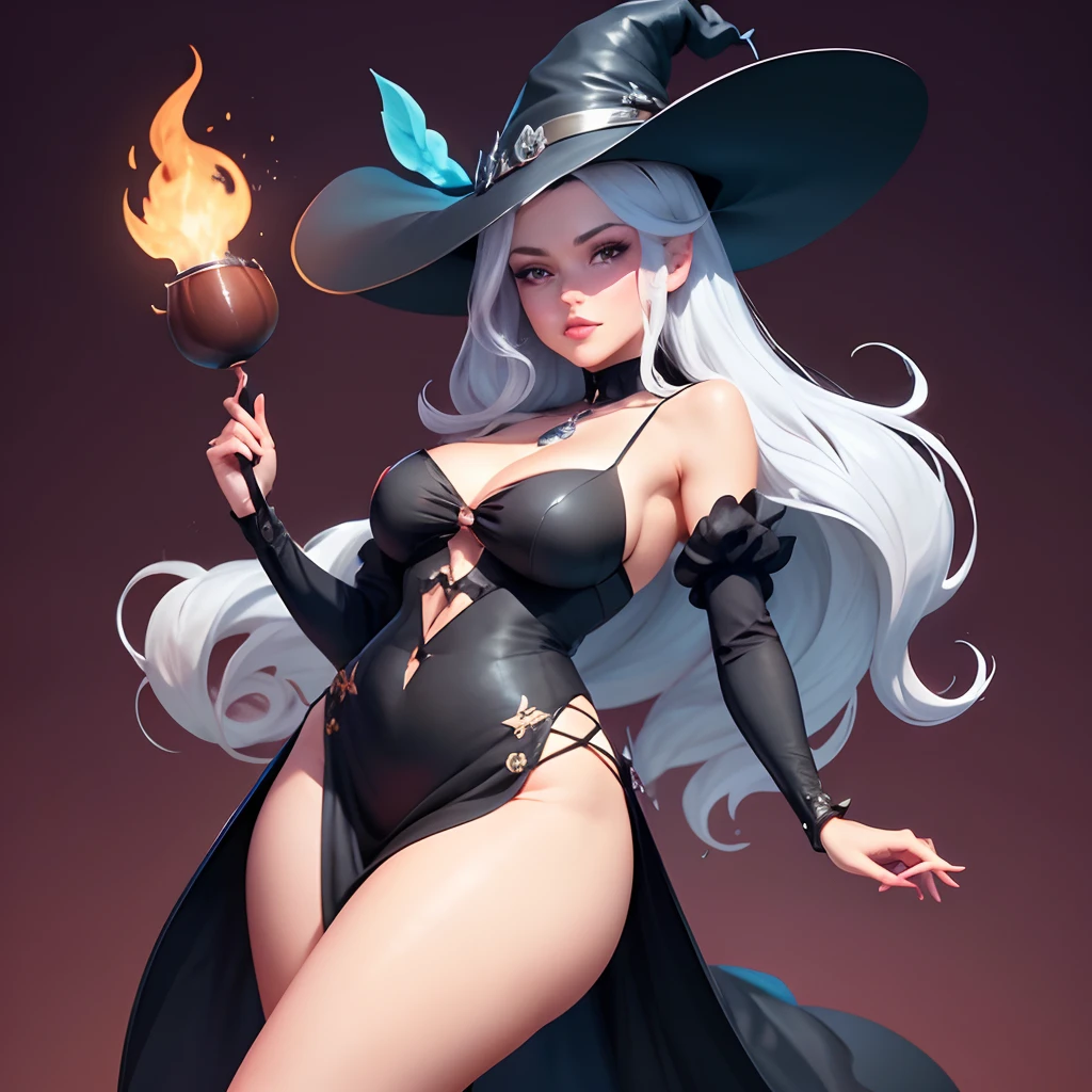 Create a charming vector cartoon illustration of a sexy-looking witch in her late 20s as a logo. She should have long flowing hair and be dressed in a cute, slightly oversized apron, with a whimsical pointed hat perched atop her head. --auto