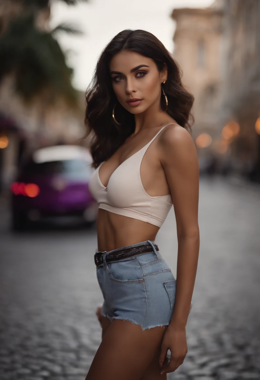 arafed woman with nice attractive sexy clothes, sexy girl with brown eyes, portrait sophie mudd, black hair and large eyes, selfie of a young woman, violet myers, with makeup, natural makeup, looking away from the camera, face with artgram, subtle makeup, stunning upper body shot, in dominican city with beautiful background the buildings , cleavage , show the cars and the people