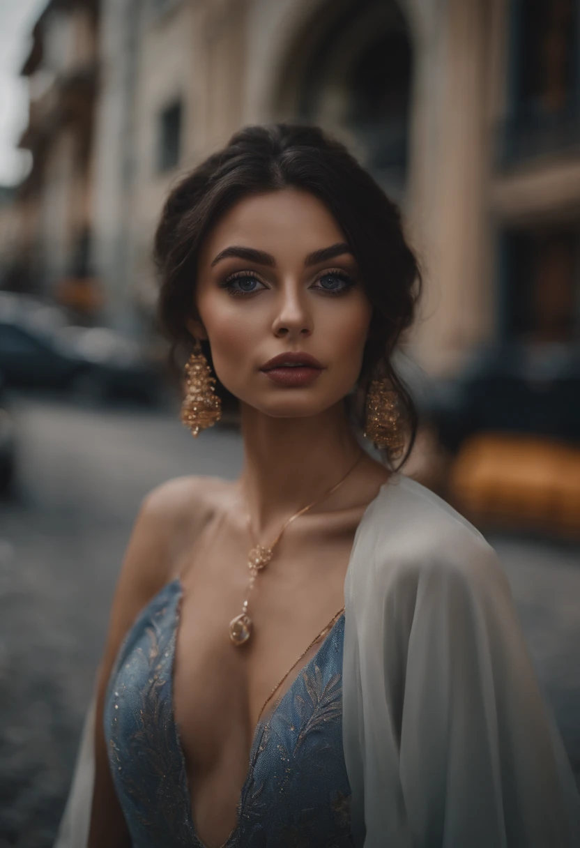 arafed woman with nice attractive sexy clothes, sexy girl with brown eyes, portrait sophie mudd, black hair and large eyes, selfie of a young woman, violet myers, with makeup, natural makeup, looking away from the camera, face with artgram, subtle makeup, stunning upper body shot, in dominican city with beautiful background the buildings , cleavage , show the cars and the people