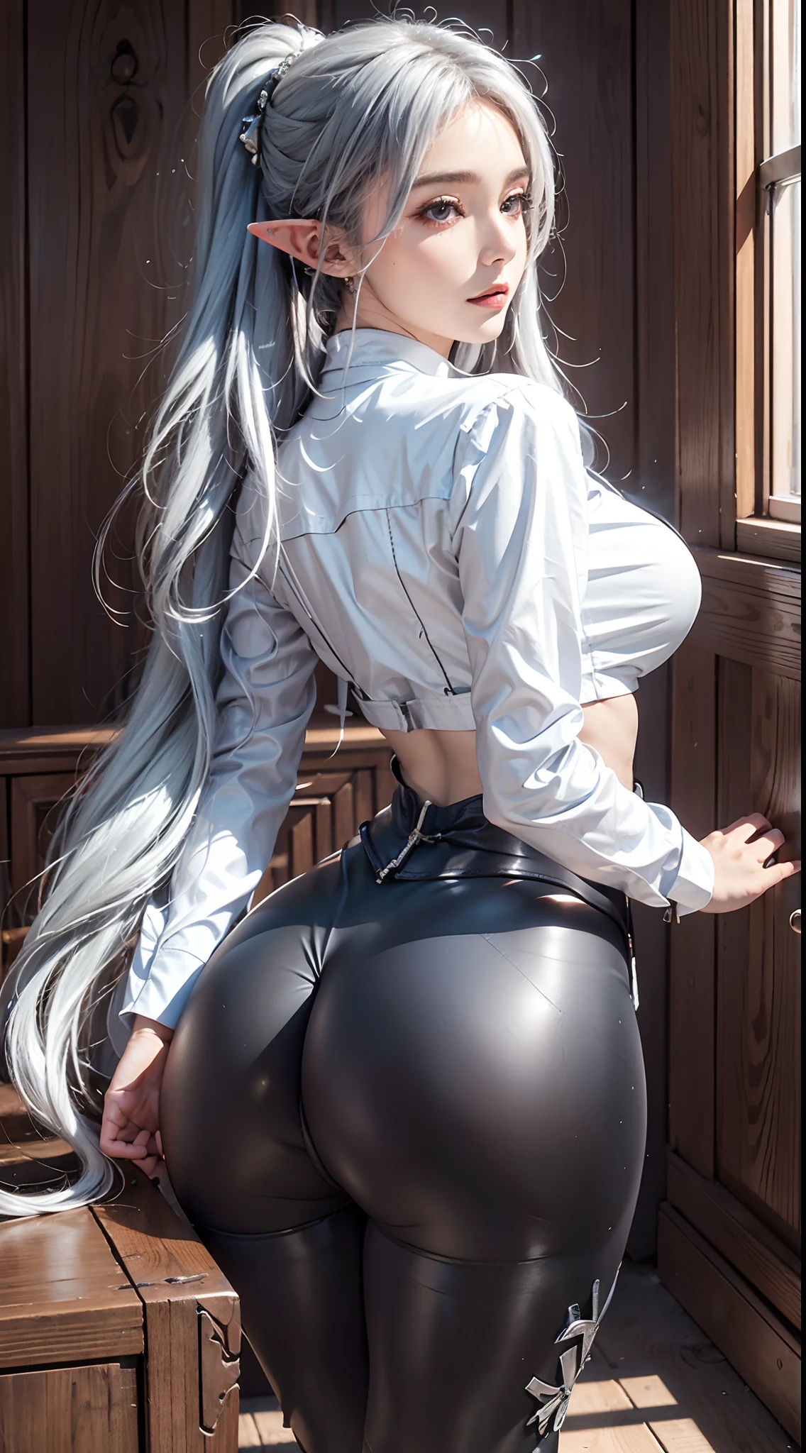 photorealistic, high resolution,masterpiece,best quality,ultra-detailed, 1women, hips up, elf ((milf)), (very long) silver hair, tied in a knot, (( tight long sleeve shirt)), ( knee-high riding boots:1.4), ( leggings:1.4), back view