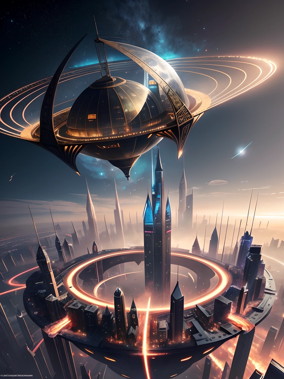 fantasy concept art,Cidade futuristica, A huge ring-shaped structure suspended in the air,Protective glass cover,Nice lighting decoration,Futuristic airship through the city center,The background is a magnificent view of Jupiter,24th century,sci-fy,Futuristic,tmasterpiece,best qualtiy,high qulity,realisticlying,epic shot,电影灯光,16k,Very fine and beautiful,The is very detailed,True shadows,