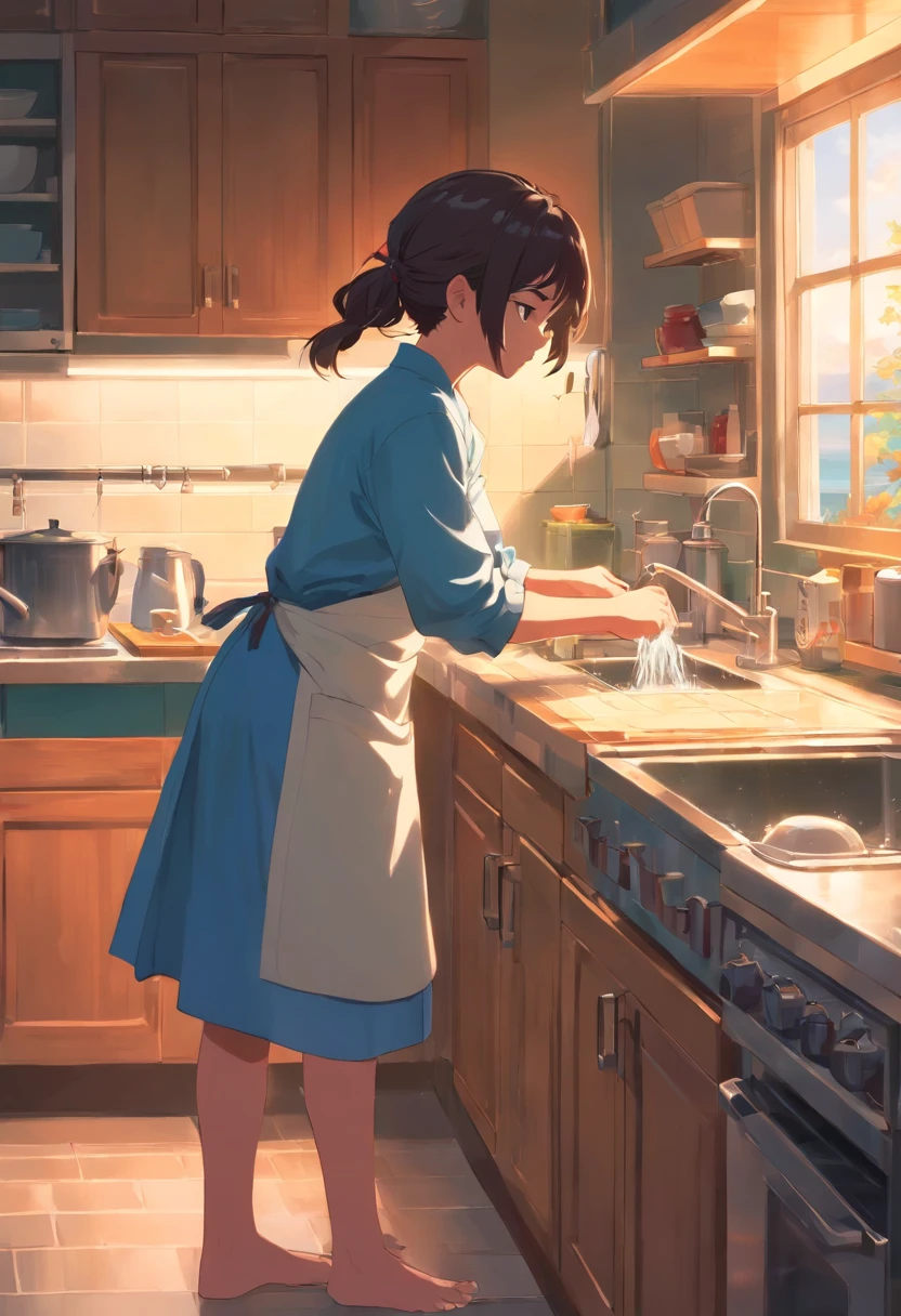 1womanl,(In the kitchen:1.2)(Washing dishes),pools of water,tap,bowl,Cover hands with foam,Soft warm lighting,
