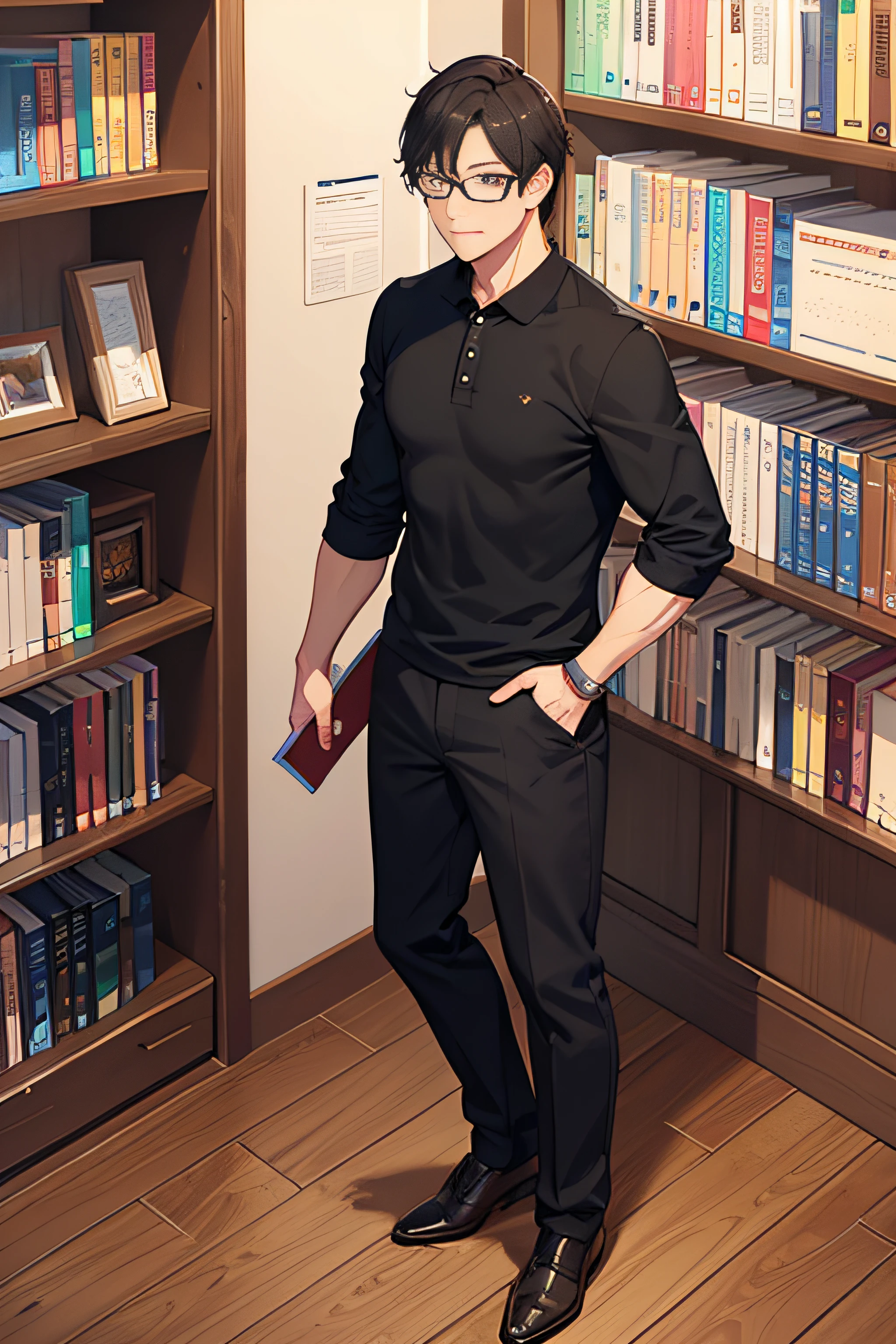 otome game, middle aged man, teacher, funny, strong, language, shorthair black, eyeglasses, books, full body