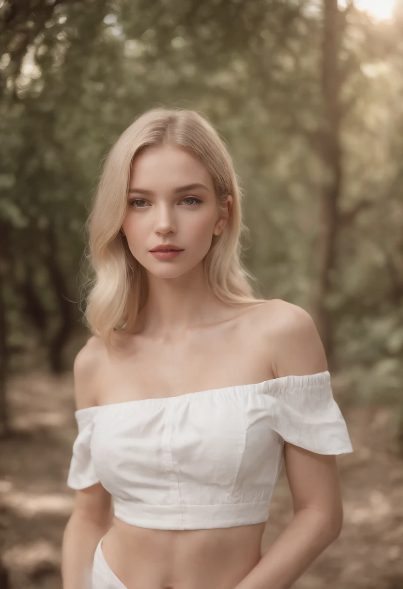 "Photo taken with iPhone, Instagram-quality, photorealistic depiction of a slender blonde with a small bust, fair complexion with skin imperfections, and long slender legs. The model's hair reaches her shoulders, has a firm bust, and a round buttocks. Full body visible, dressed in beachwear, wearing white Adidas sneakers.