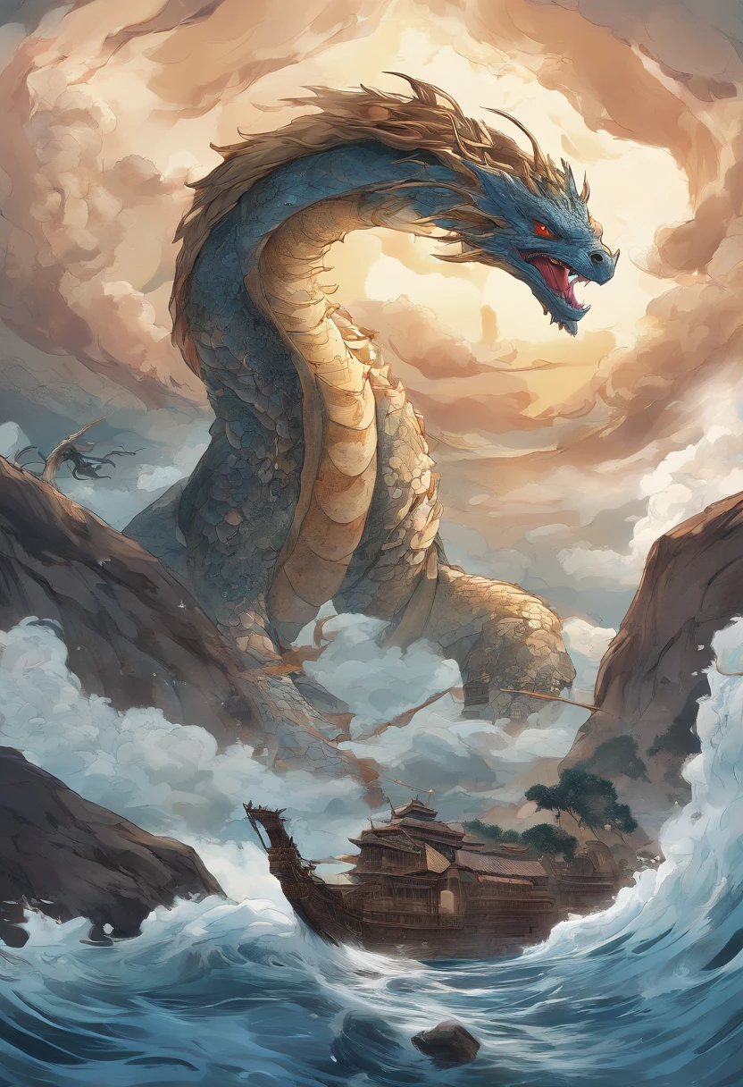 China-style,Chinese mythology,Dragon turtle,faucet,Angular,Turtle body,Giant tortoiseshell shell,(Heavy tortoiseshell shell:1.4),The tail of the snake grows out,has horns on its head,tosen,Ferocious,gargantuan,The eyes glow blue light,the sea,Huge waves,surrounded by cloud,中景 the scene is,Full body like, highly detailed surreal vfx,oc rendered, - AR 16:9 --q 2 --s 1000