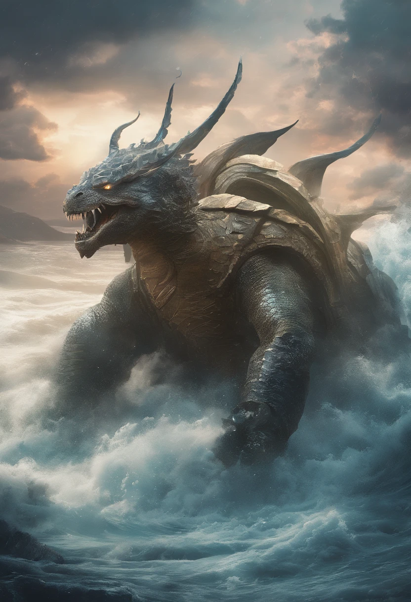China-style,Chinese mythology,Dragon turtle,faucet,Angular,Turtle body,Giant tortoiseshell shell,(Heavy tortoiseshell shell:1.4),The tail of the snake grows out,has horns on its head,tosen,Ferocious,gargantuan,The eyes glow blue light,the sea,Huge waves,surrounded by cloud,中景 the scene is,Full body like, highly detailed surreal vfx,oc rendered, - AR 16:9 --q 2 --s 1000