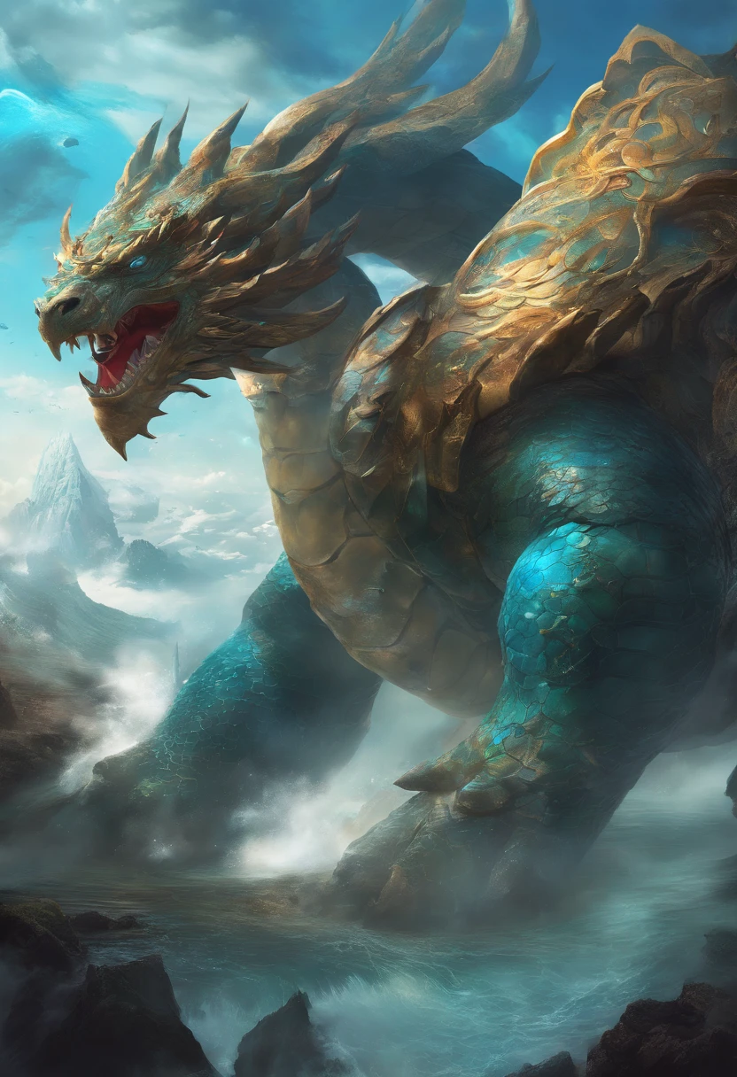 China-style,Chinese mythology,Dragon turtle,faucet,Angular,Turtle body,Giant tortoiseshell shell,(Heavy tortoiseshell shell:1.4),The tail of the snake grows out,has horns on its head,tosen,Ferocious,gargantuan,The eyes glow blue light,the sea,Huge waves,surrounded by cloud,中景 the scene is,Full body like, highly detailed surreal vfx,oc rendered, - AR 16:9 --q 2 --s 1000
