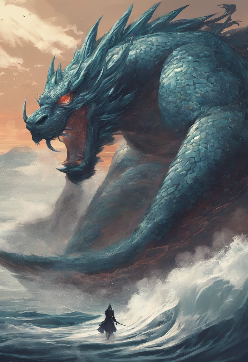 China-style,Chinese mythology,Dragon turtle,faucet,Angular,Turtle body,Giant tortoiseshell shell,(Heavy tortoiseshell shell:1.4),The tail of the snake grows out,has horns on its head,tosen,Ferocious,gargantuan,The eyes glow blue light,the sea,Huge waves,surrounded by cloud,中景 the scene is,Full body like, highly detailed surreal vfx,oc rendered, - AR 16:9 --q 2 --s 1000