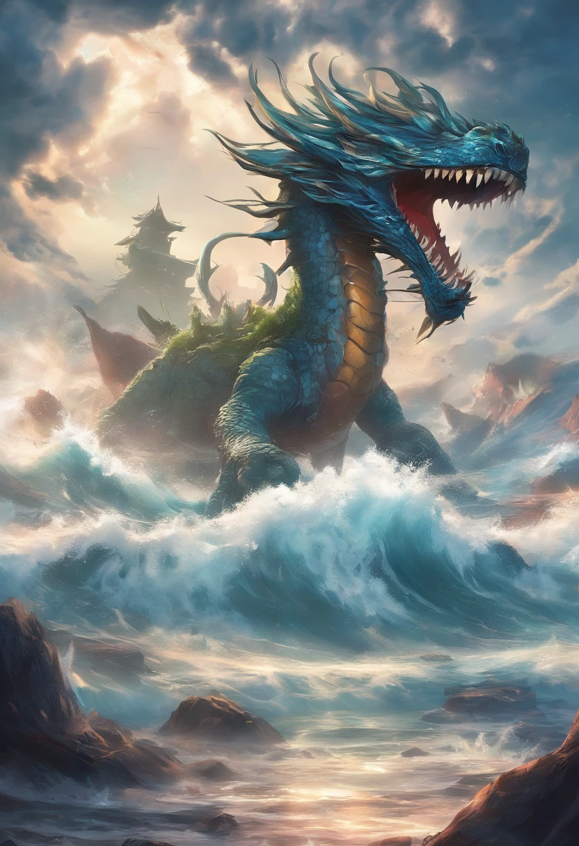 China-style，Chinese mythology，Dragon turtle，Longhorn faucet，Turtle body，Heavy tortoiseshell shell，The tail of the snake grows out，has horns on its head，tosen，Ferocious，gargantuan，The eyes glow blue light，the sea，Huge waves，surrounded by cloud，中景 the scene is，Full body like， highly detailed surreal vfx，oc rendered， - AR 16:9 --q 2 --s 1000