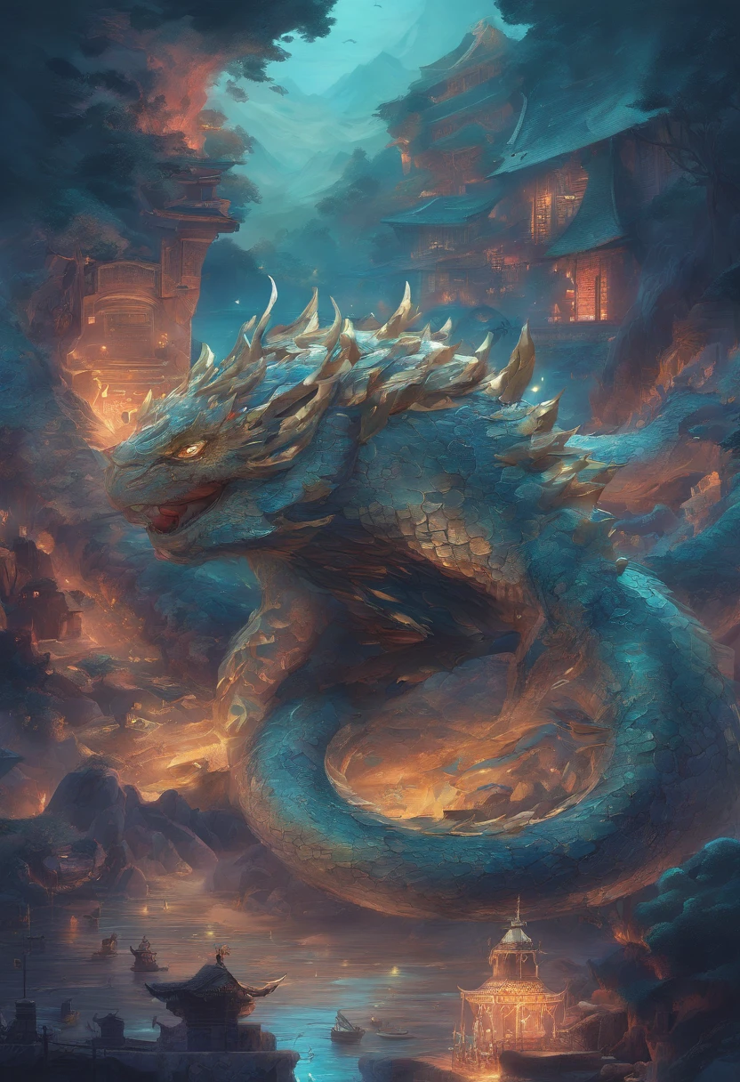 China-style,Chinese mythology,Dragon turtle,faucet,Angular,Turtle body,Giant tortoiseshell shell,(Heavy tortoiseshell shell:1.4),The tail of the snake grows out,has horns on its head,tosen,Ferocious,gargantuan,The eyes glow blue light,the sea,Huge waves,surrounded by cloud,中景 the scene is,Full body like, highly detailed surreal vfx,oc rendered, - AR 16:9 --q 2 --s 1000