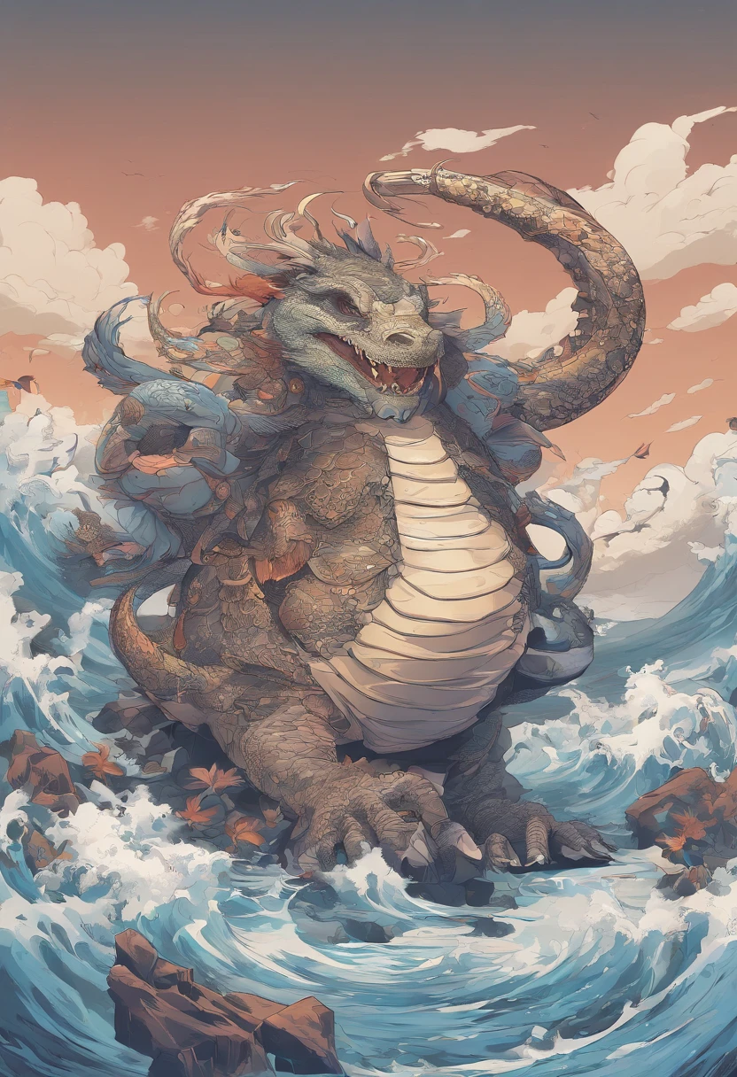 China-style,Chinese mythology,Dragon turtle,faucet,Angular,Turtle body,Giant tortoiseshell shell,(Heavy tortoiseshell shell:1.4),The tail of the snake grows out,has horns on its head,tosen,Ferocious,gargantuan,The eyes glow blue light,the sea,Huge waves,surrounded by cloud,中景 the scene is,Full body like, highly detailed surreal vfx,oc rendered, - AR 16:9 --q 2 --s 1000