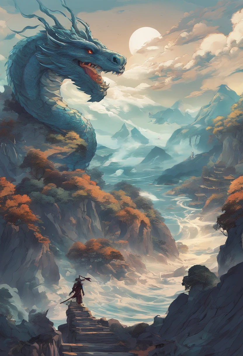 China-style，Chinese mythology，Dragon turtle，faucet，Angular，Turtle body，Giant tortoiseshell shell，（Heavy tortoiseshell shell：1.4），The tail of the snake grows out，has horns on its head，tosen，Ferocious，gargantuan，The eyes glow blue light，the sea，Huge waves，surrounded by cloud，中景 the scene is，Full body like， highly detailed surreal vfx，oc rendered， - AR 16:9 --q 2 --s 1000