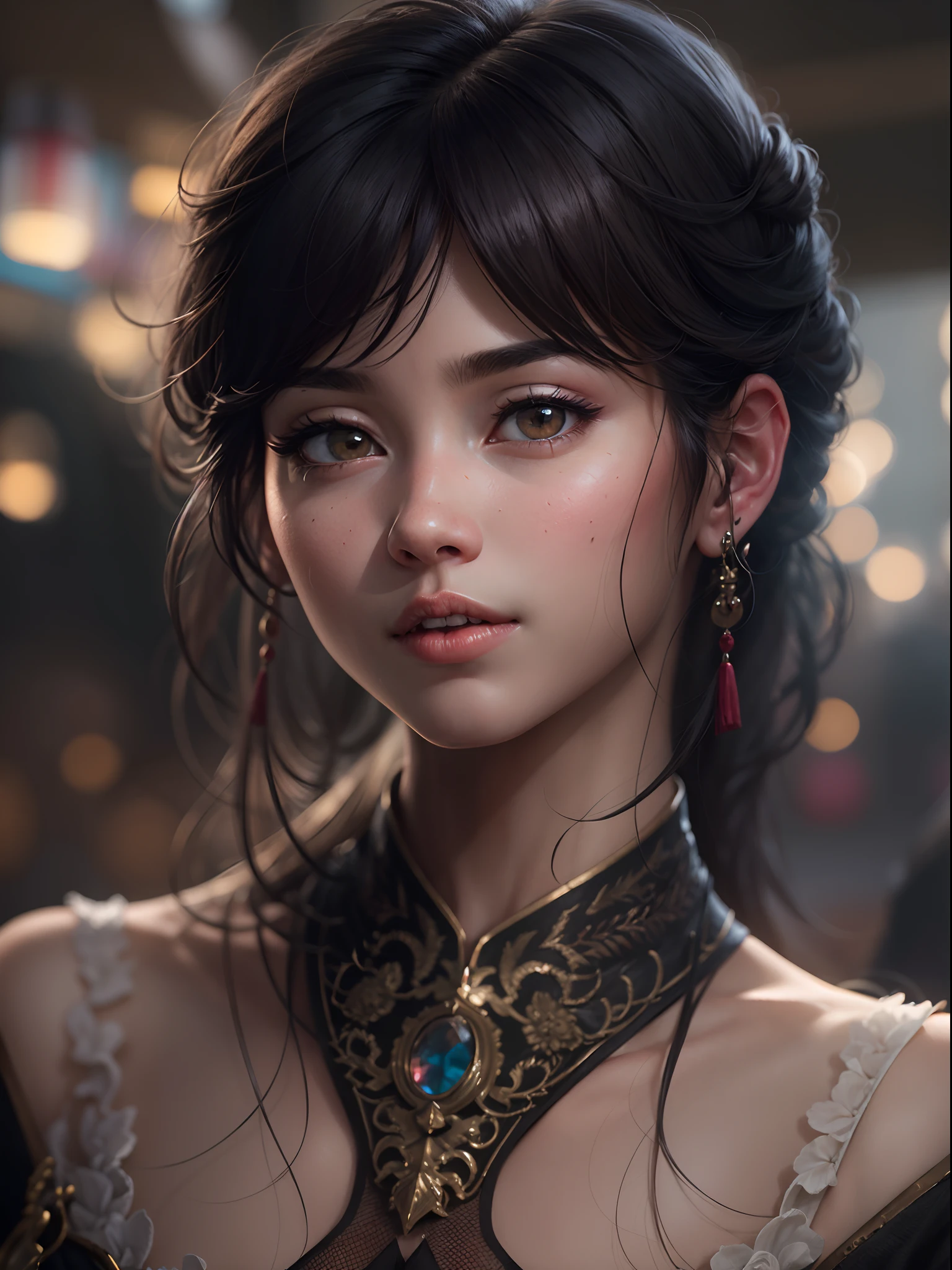 UHD, Masterpiece, High Quality, High Detail, Top Quality, Hi-Res, HD, 16k, 8k, 4K, Award-Winning BREAk, Realism, Depth of Field, Cinematic Lighting, Backlight, Symmetry, Bokeh, f/1.8, Eye Level Shot, 35mm, Hasselblad, Very Delicate and Beautiful, Very Detailed, Amazing, Fine Detail, Masterpiece, Best Quality, Official Art, Absurd, Incredibly ridiculous, Ultra detailed, High Definition, Very detailed, Beautiful cute girl, (Cowboy Shot: 1.25), Break, Hair behind the ears, Very detailed eyes and face, Beautiful detailed eyes, Face light, 18 years old, (black long straight hairstyle: 1.2), detailed hair, (slender: 1.15), perfect anatomy, perfect proportions, (Ancient Chinese city background: 1.25), detailed background, (looking at the viewer, facing the viewer: 1.15), ((seductive model pose)), (((dynamic pose))), cinematic lighting, NSFW