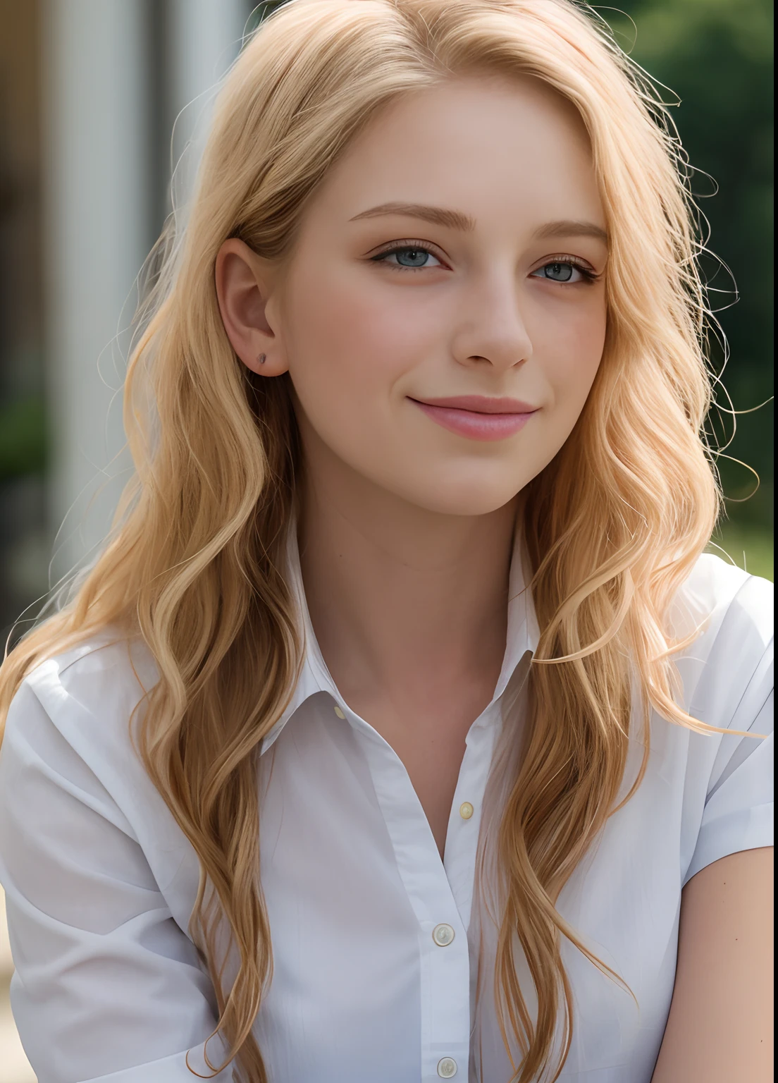 Masterpiece, Realistic, Detailed eyes, Beautiful, looking at viewert, Natural lighting, Depth of field, filmgrain, wrinkly skin, 24 years of age, Female, Solo, long wavy blond hair, Blue eyes, White, Formal shirts, freckle, Smile, Lips, Upper body, Portrait, Close-up, Front view, exterior