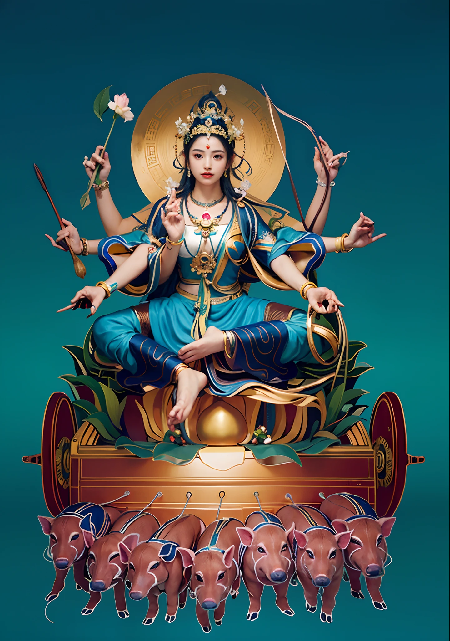 Beautiful woman sitting on a lotus in the car, Blue clothes,Three-headed,In total, The arm has eight mudras,Barefoot on both feet,There are seven piglets pulling carts in front,goddess of love and peace, indian goddess of wealth, Heavenly Bodhisattva, full-colour illustration, goddess art, goddess of wisdom, an ancient Chinese goddess,photorealestic,professional photoshooting,Realiy,超高分辨率,tmasterpiece,