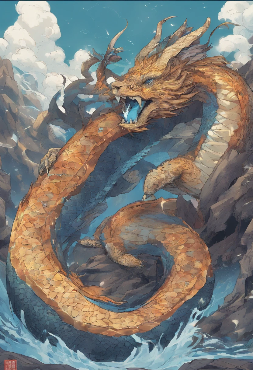 China-style,Chinese mythology,Dragon turtle,faucet,Angular,Turtle body,Giant tortoiseshell shell,(Heavy tortoiseshell shell:1.4),The tail of the snake grows out,has horns on its head,tosen,Ferocious,gargantuan,The eyes glow blue light,the sea,Huge waves,surrounded by cloud,中景 the scene is,Full body like, highly detailed surreal vfx,oc rendered, - AR 16:9 --q 2 --s 1000