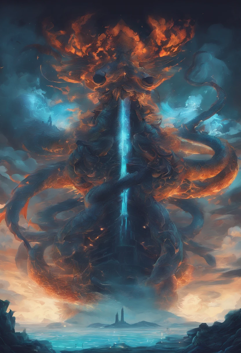 China-style,Chinese mythology,Dragon turtle,faucet,Angular,Turtle body,Giant tortoiseshell shell,(Heavy tortoiseshell shell:1.4),The tail of the snake grows out,has horns on its head,tosen,Ferocious,gargantuan,The eyes glow blue light,the sea,Huge waves,surrounded by cloud,中景 the scene is,Full body like, highly detailed surreal vfx,oc rendered, - AR 16:9 --q 2 --s 1000