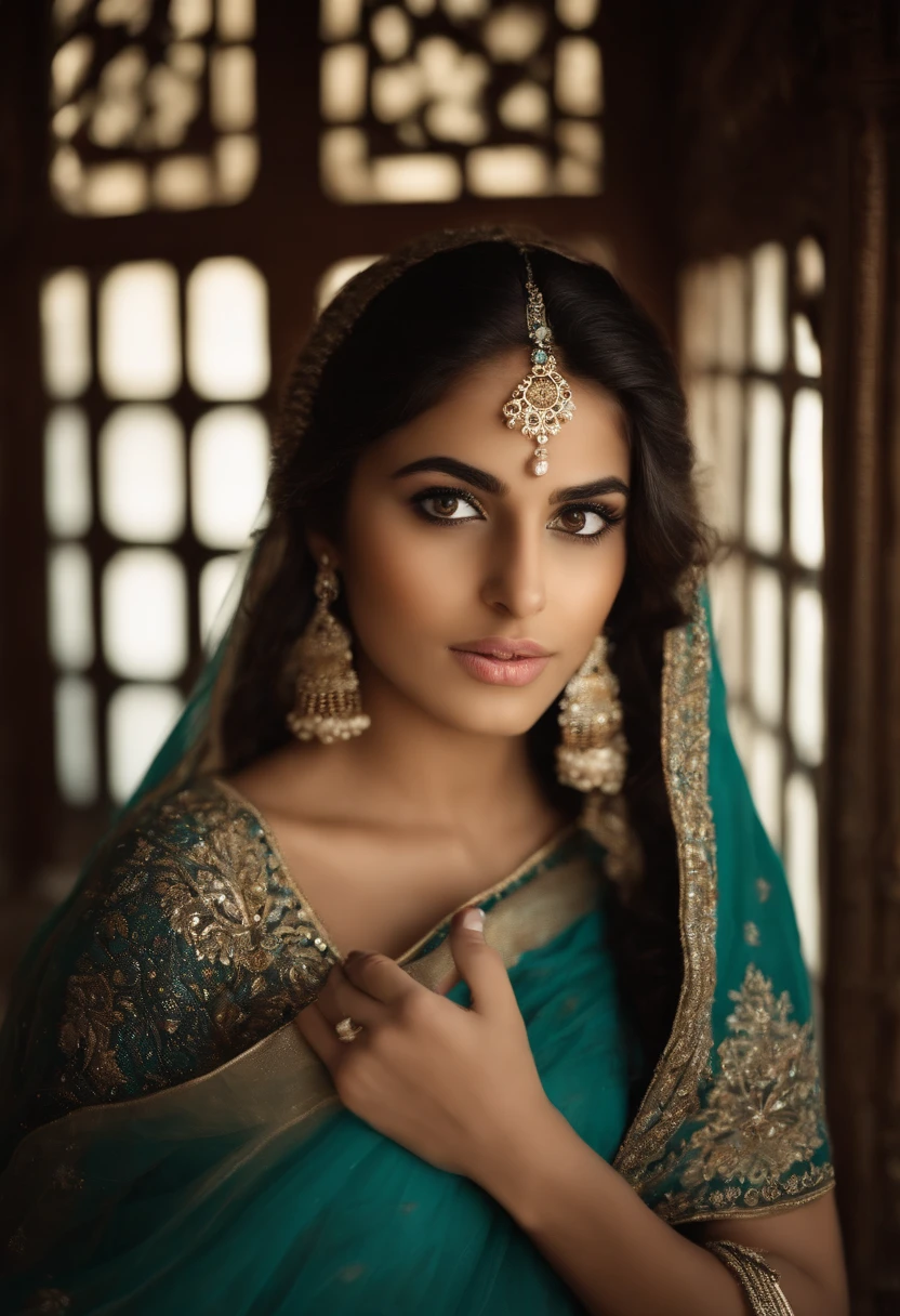 Create a captivating image featuring a 21 year old Pakistani girl , her eyes filled with curiosity and wonder, as if she is peering into the depths of your soul. The dress she wears should be modest and cover all her body parts. Capture the essence of her gaze, drawing viewers into her world.Her color should be fair and her dress color should have pastels shades