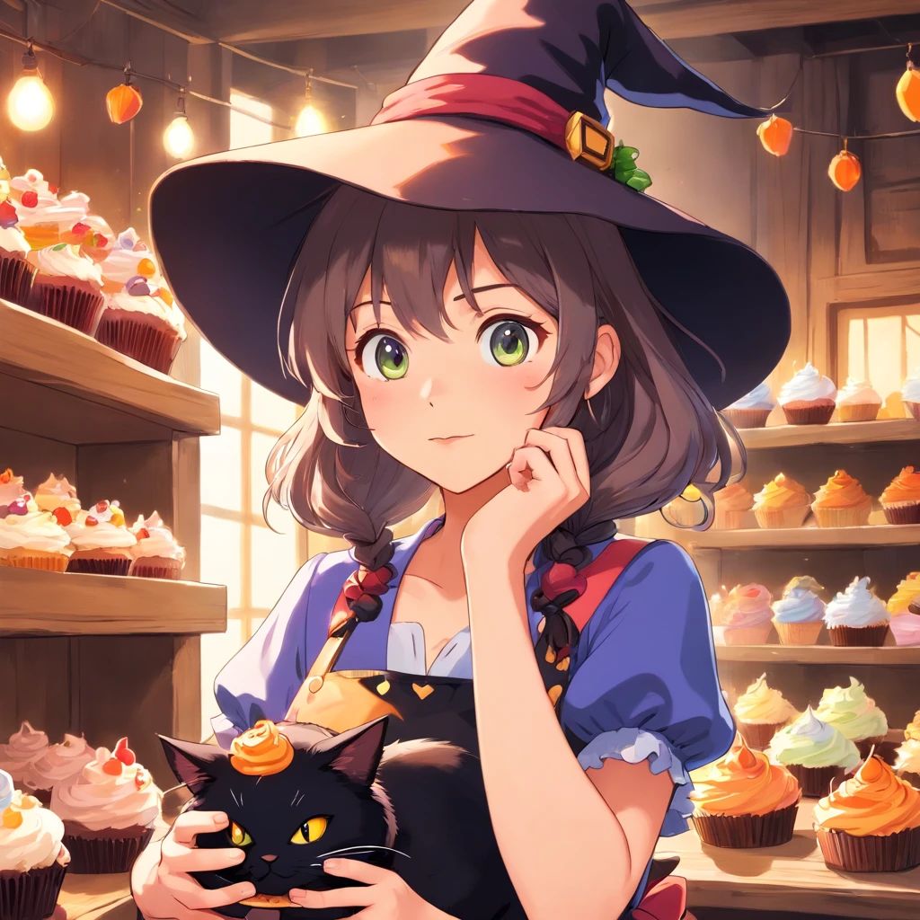 Create a charming very adorable vector cartoon illustration of a sexy-looking witch in her late 20s as a logo. She should have long flowing hair and be dressed in a cute, slightly oversized apron, with a whimsical pointed hat perched atop her head. She’s loved by her black cat. Holding cupcakes