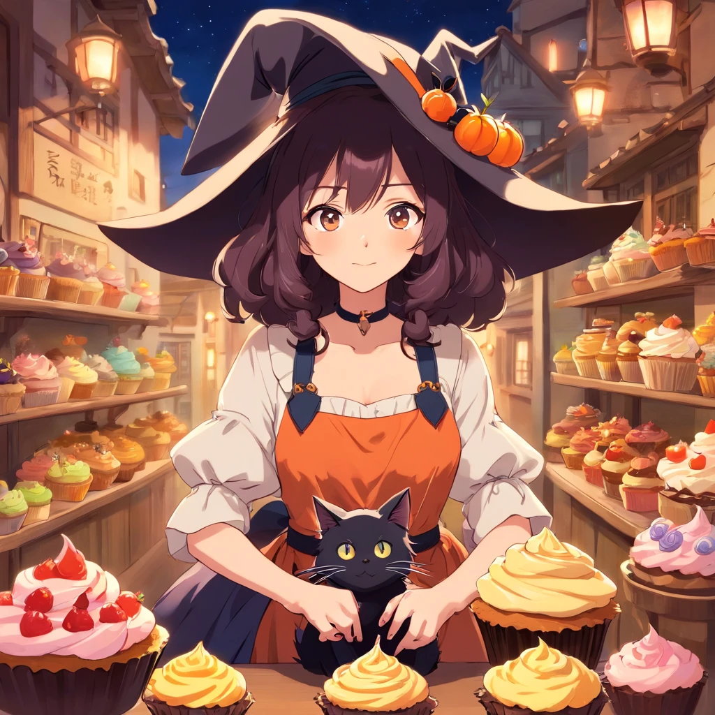 Create a charming very adorable vector cartoon illustration of a sexy-looking witch in her late 20s as a logo. She should have long flowing hair and be dressed in a cute, slightly oversized apron, with a whimsical pointed hat perched atop her head. She’s loved by her black cat. Holding cupcakes