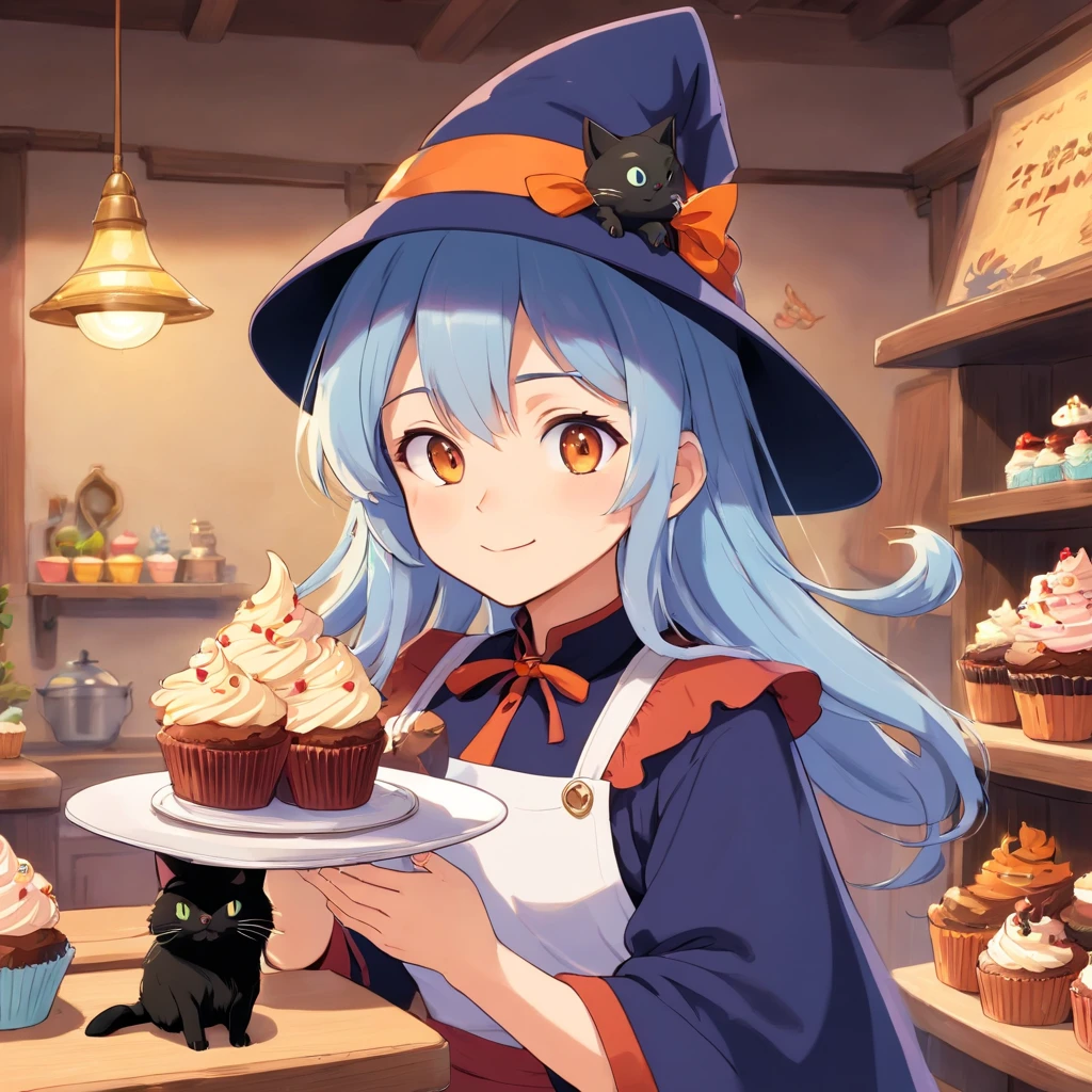 Create a charming very adorable vector cartoon illustration of a sexy-looking witch in her late 20s as a logo. She should have long flowing hair and be dressed in a cute, slightly oversized apron, with a whimsical pointed hat perched atop her head. She’s loved by her black cat. Holding cupcakes
