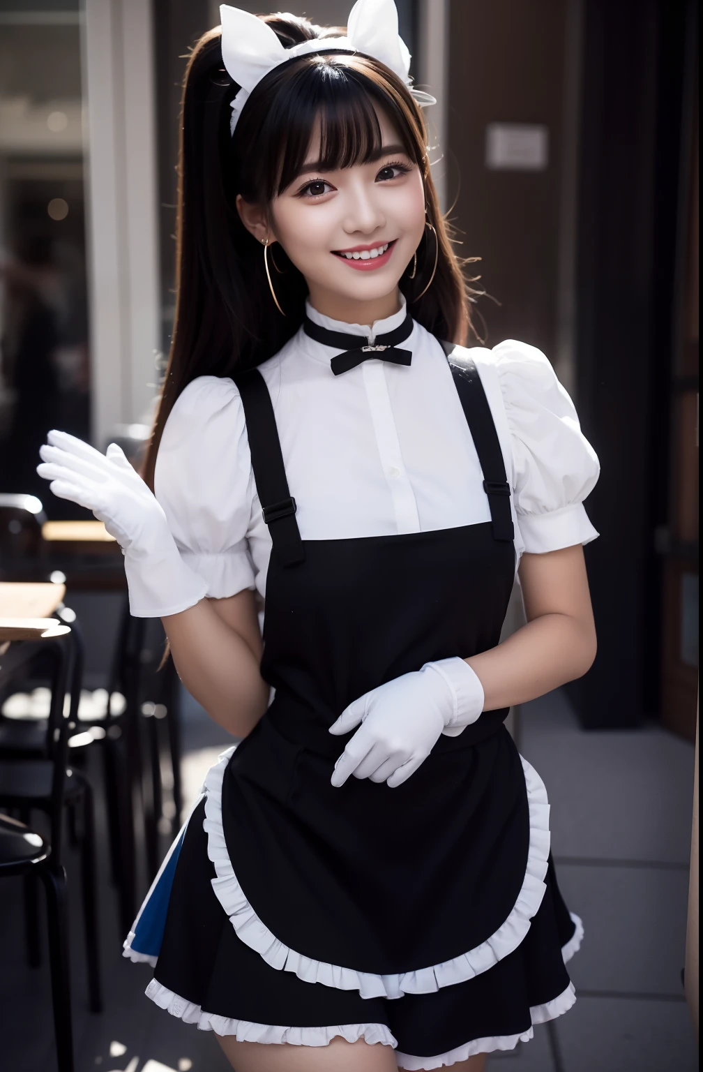 Wearing a black maid outfit like the cutest school uniform in the world,Z Cup Big,Sculpture model attracts, (1girl in:1.3)、photos realistic、Photorealsitic:1.4 Official art、ultra-detailliert、Beautiful and aesthetic、Beautiful fece、​masterpiece、top-quality、sitted、Spread your legs、Colossal tits、(barechested)、The cutest maid choker in the world、The cutest gloves in the world、Beautiful skin、The cutest earrings in the world、Cute smile、At the cutest café in the world、The cutest gravure idol pose in the world、The most attractive body in the world、Look back