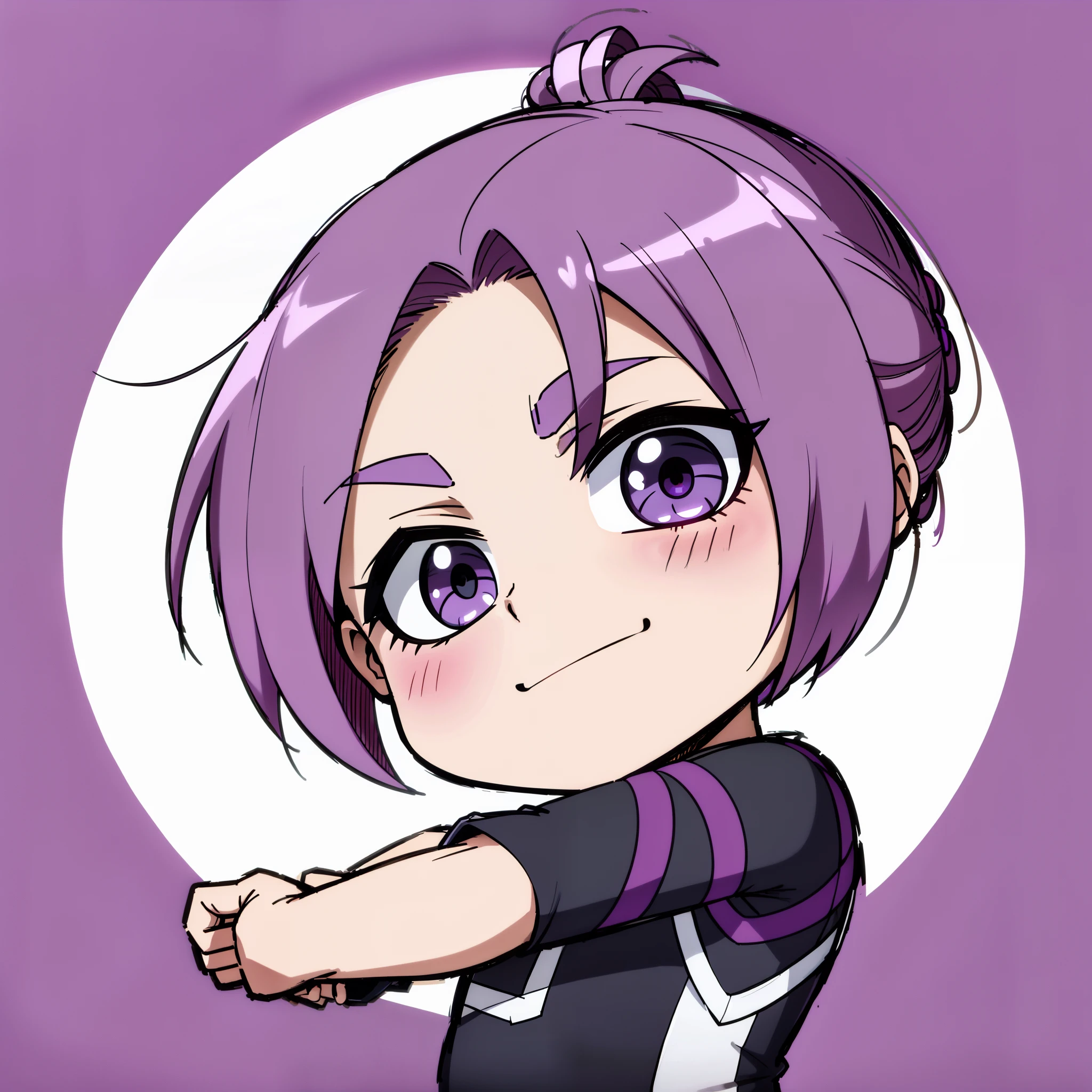 He has purple hair the length of his collarbone.、Inwave Long、Leave two tufts of hair surrounding the face。pure、He has bright purple eyes。