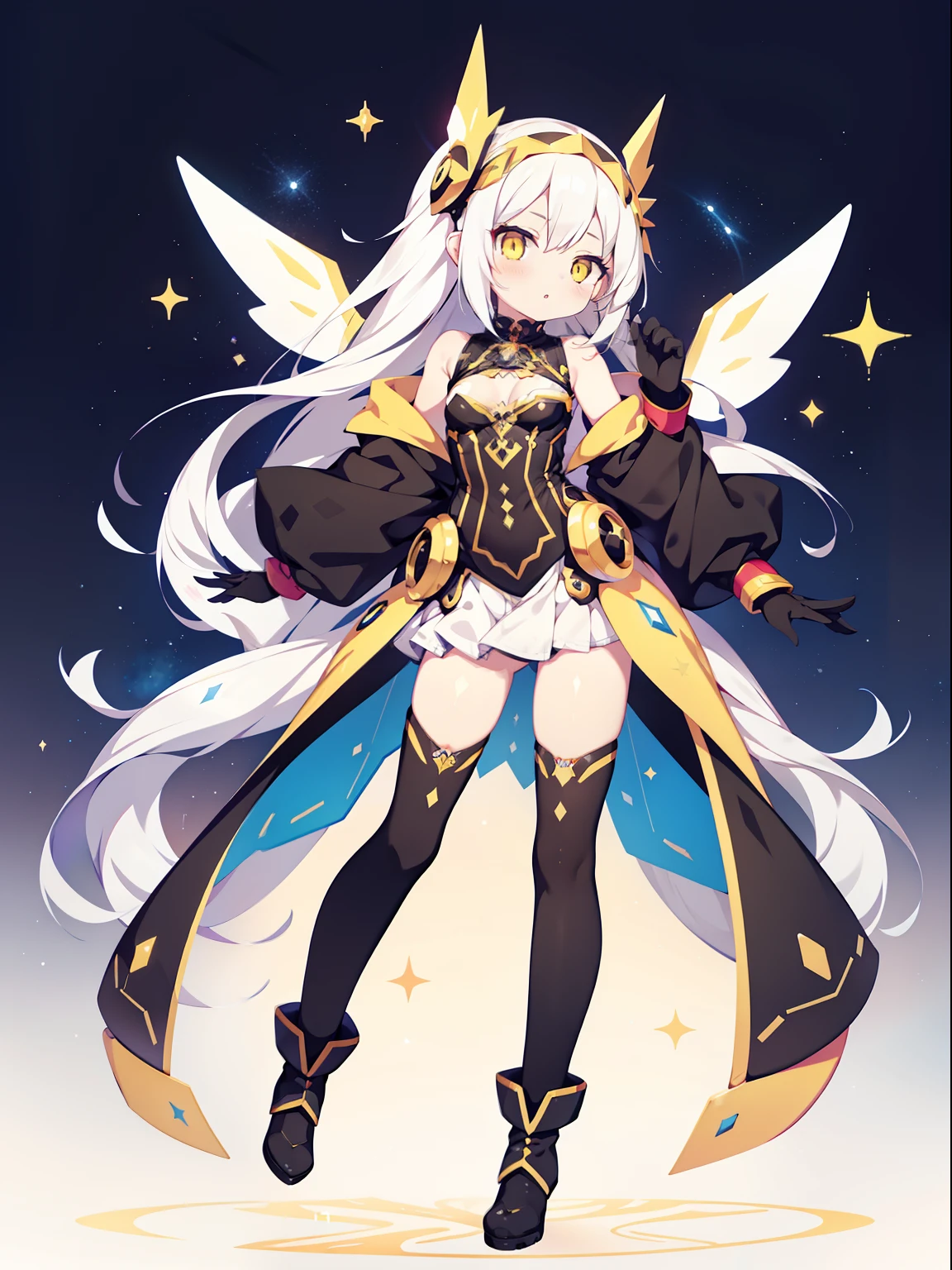 Colorful , masutepiece, Best Quality, 1girl in, , white hair, very long hair, straight hair, yellow eyes, shiny eyes, Black inner suit that sticks to the body, Full body standing picture, petite, looking at left, mechanical hands, Full body tights, ratex, mechanical wings, machanical boots, mechanical headdress, stylish pose, parted lips, expressionless, cyber,electronic, light particles, cleavage cut out, floating, hyper galaxy, galaxy background, scraped body,
