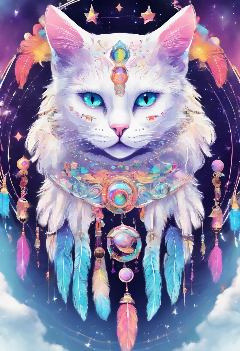 （White cat in the circle of colorful dream catchers），"T-shirt design with circular silhouette of cat face, Crescent, and stars in the
