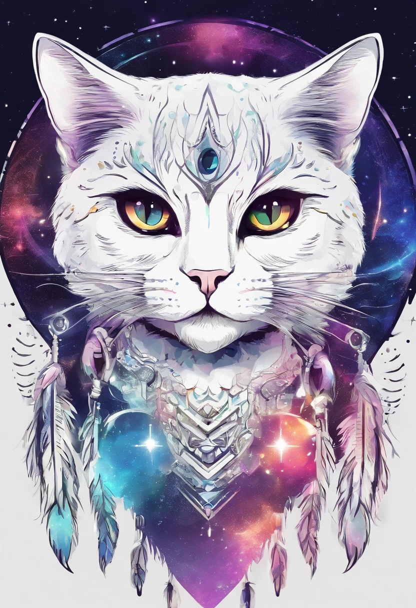 (White cat in the circle of colorful dream catchers),"T-shirt design with circular silhouette of cat face, Crescent, and stars in the
