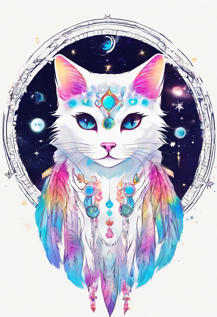 (White cat in the circle of colorful dream catchers),"T-shirt design with circular silhouette of cat face, Crescent, and stars in the